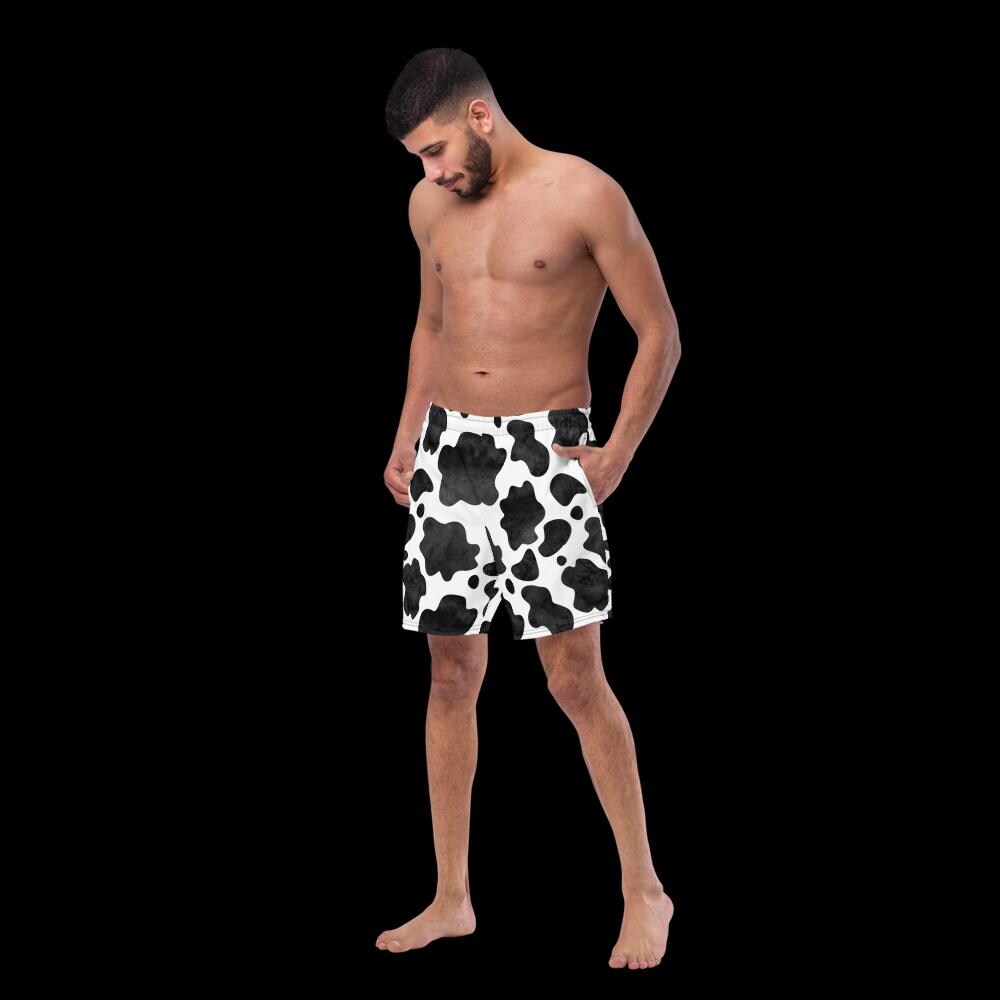 Black and White Cowprint Recycled Swim Trunks – Western Men's Swim Shorts, Matching Family Swim