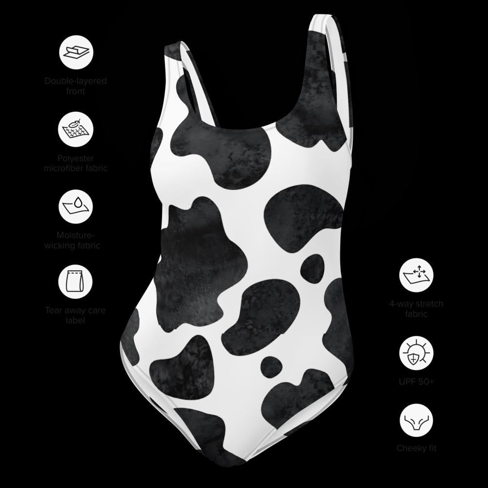 Black and White Cowprint One-Piece Swimsuit – Western Bathing Suit for Women, Matching Family Swim