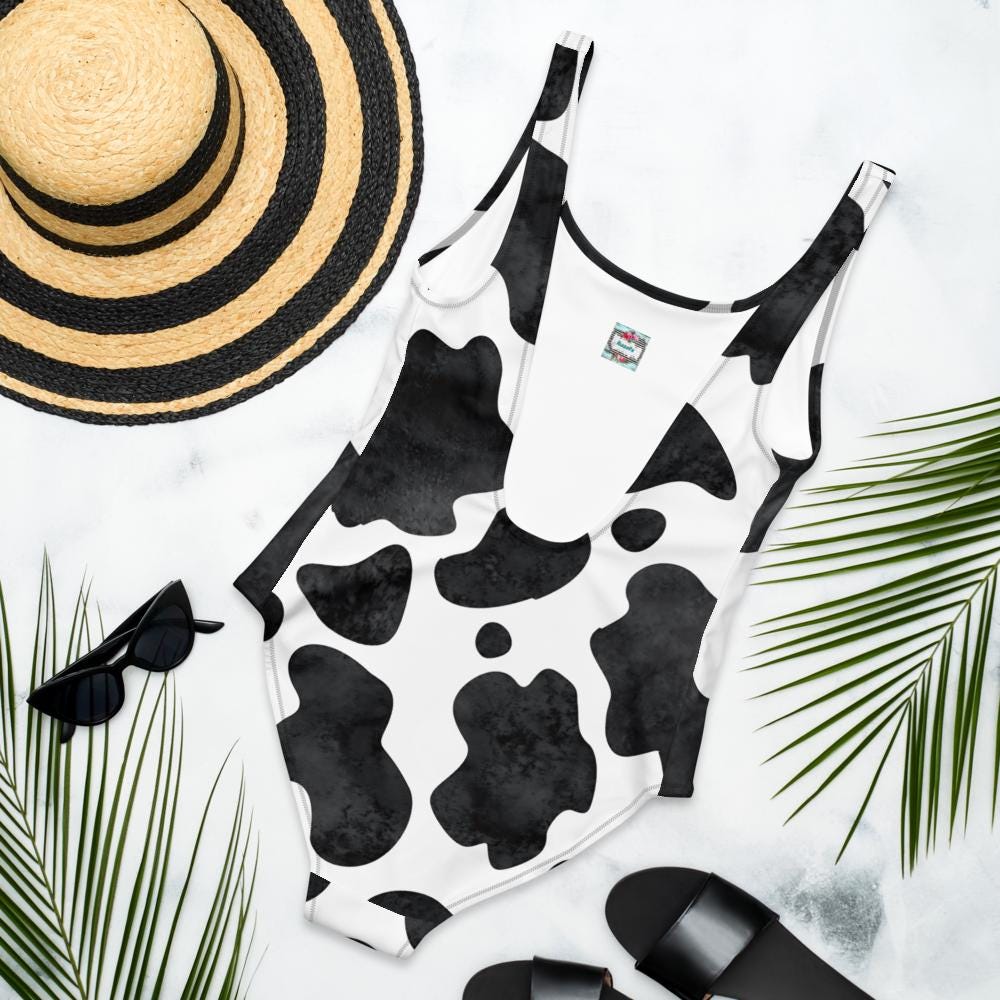 Black and White Cowprint One-Piece Swimsuit – Western Bathing Suit for Women, Matching Family Swim