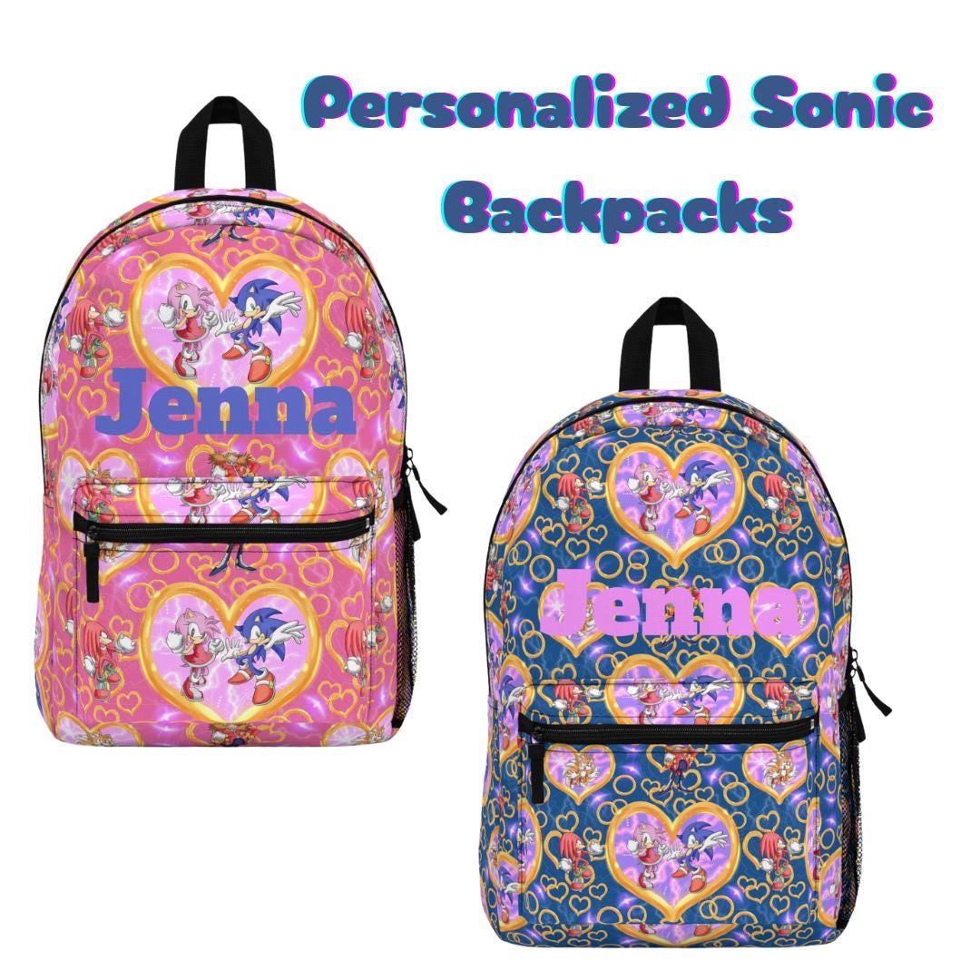 Pink and Blue Sonic Kids Backpack , Personalized School Bag with Rings & Characters