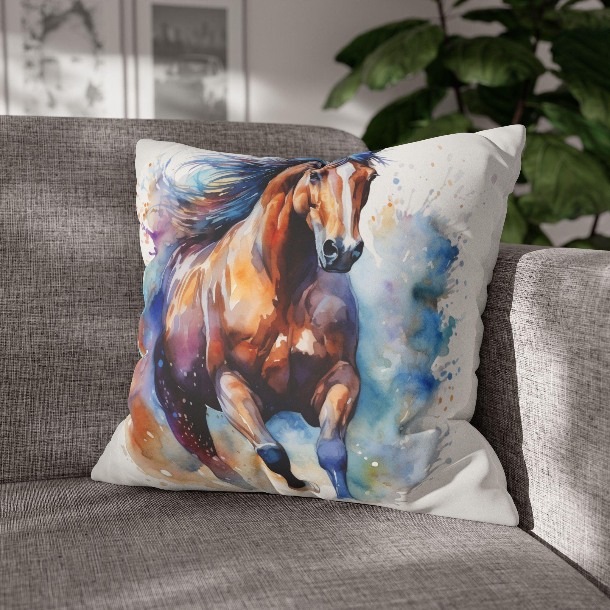 Watercolor Horse Pillow Cover, Faux Suede Equestrian Cushion Case, Horse Lover Gift, Horse Girl Room Decor -Razels