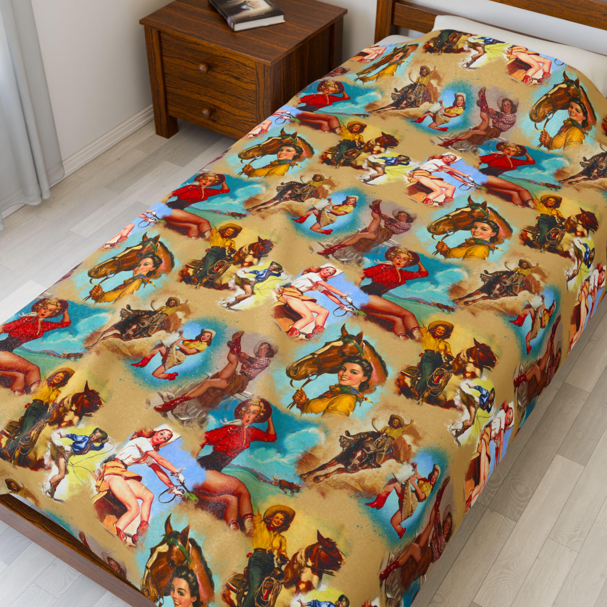 Lasso in some comfort with this Western Vintage Cowgirls Plush Blanket 🤠💛 Covered in retro cowgirl illustrations with bold pops of red, turquoise, and golden yellow, this velveteen plush throw is perfect for snuggling, decorating, or gifting to your favorite rodeo queen.

Whether it’s tossed on a bed or draped over the couch, it brings instant Wild West vibes to any room. Add the matching pillow cover to complete your cowgirl hideout!