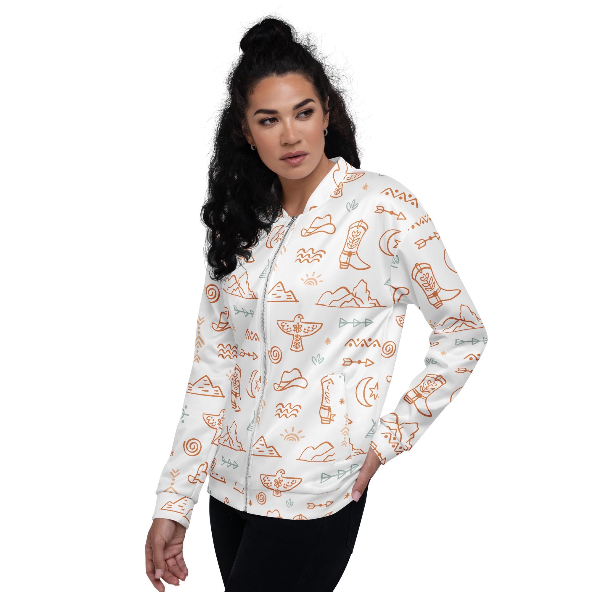 Western Motif Bomber Jacket – Beige & White Cowgirl Jacket with Cowboys, Cactus, Steer Heads | Fall Layering Jacket