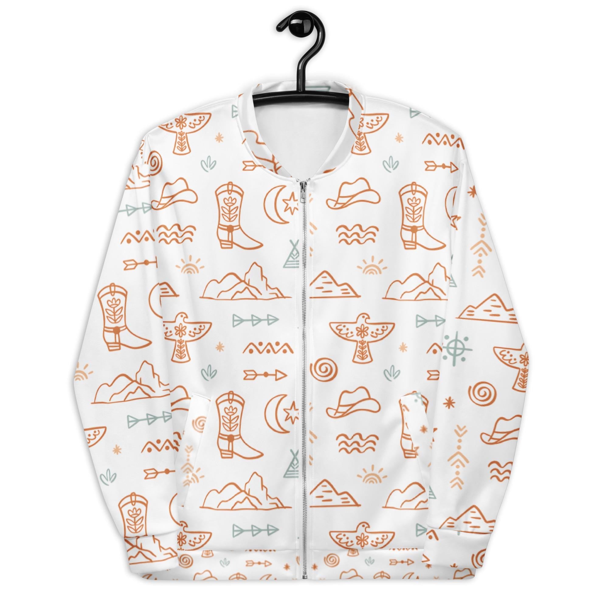 Western Motif Bomber Jacket – Beige & White Cowgirl Jacket with Cowboys, Cactus