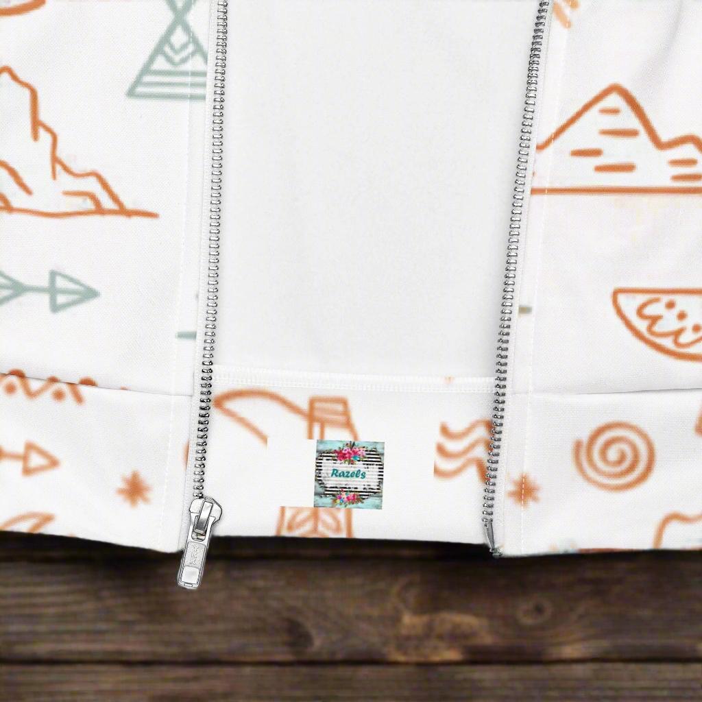 Western Motif Bomber Jacket – Beige & White Cowgirl Jacket with Cowboys, Cactus