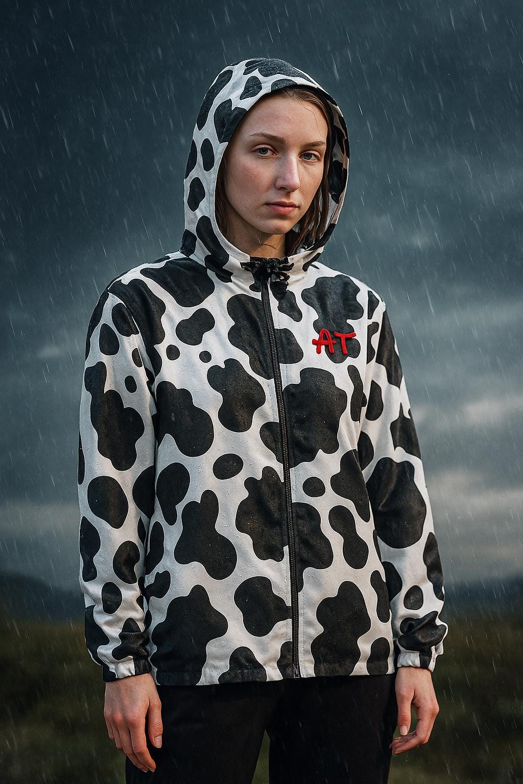 cowprint rain wind jacket, custom jacket, personalized cow jacket ✓ 100% polyester with water- and wind-resistant properties
✓ Lightweight fabric:
✓ Full front zipper 
✓ Elastic cuffs for a secure fit
✓ Two roomy front pockets for on-the-go convenience
✓ Sewn-in label 
✓ Unisex fit — runs small, consider sizing up
✓ Made in the USA