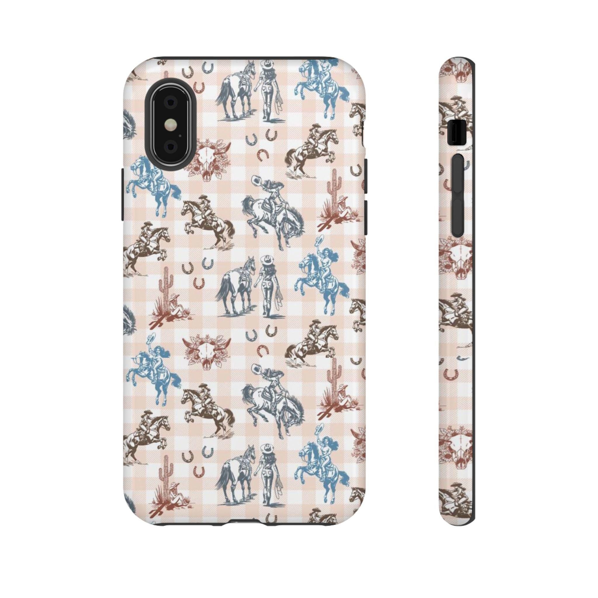 Western Cowgirl Phone Case , Tough Phone Case, Peach Plaid with Horses, Skulls & Cactus for iPhone, Samsung Galaxy, Google Pixel