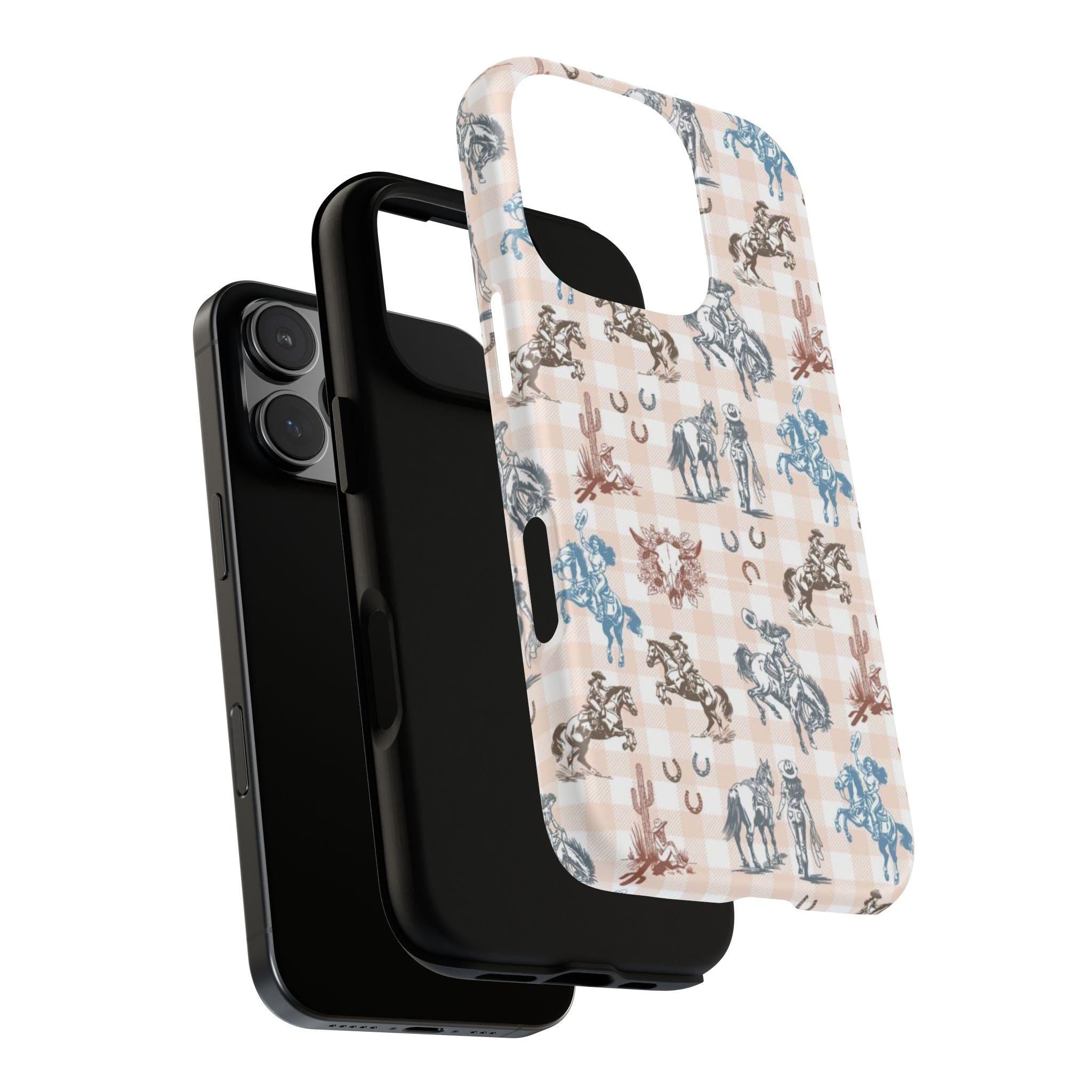 Western Cowgirl Phone Case , Tough Phone Case, Peach Plaid with Horses, Skulls & Cactus for iPhone, Samsung Galaxy, Google Pixel