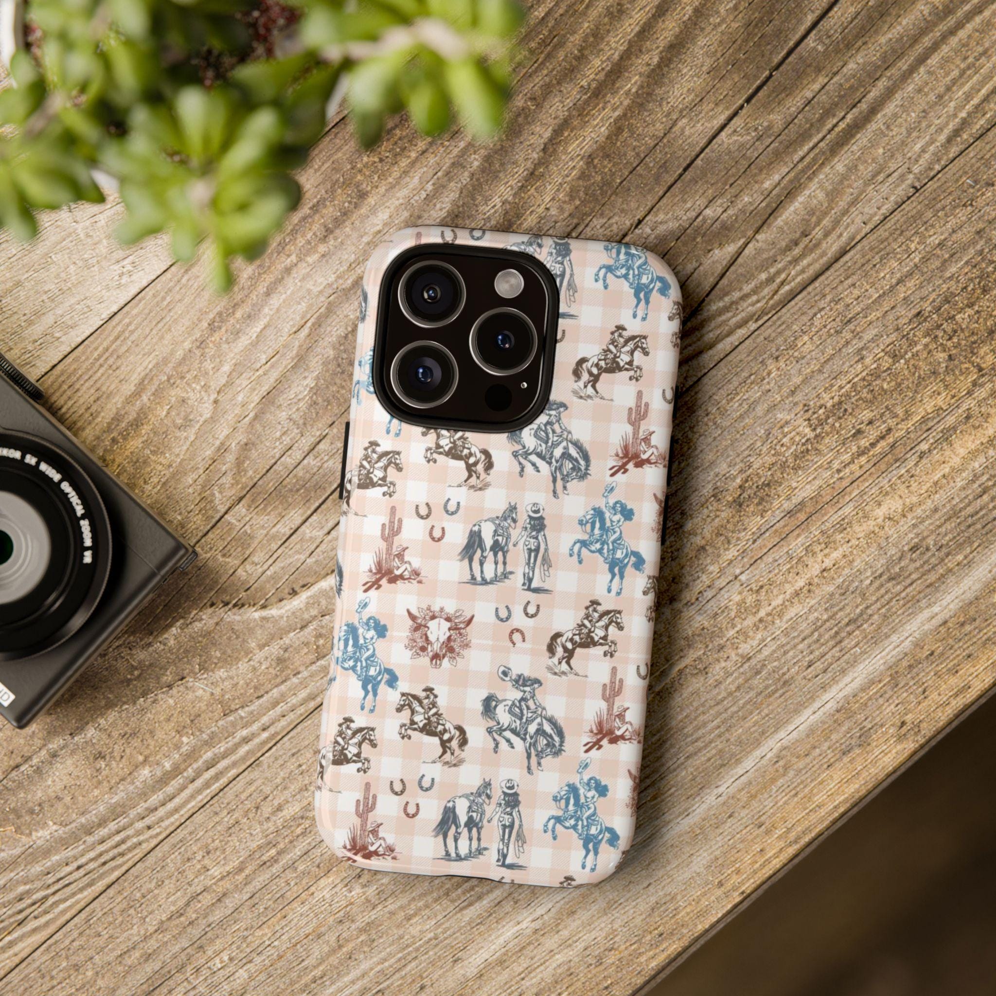 Western Cowgirl Phone Case , Tough Phone Case, Peach Plaid with Horses, Skulls & Cactus for iPhone, Samsung Galaxy, Google Pixel