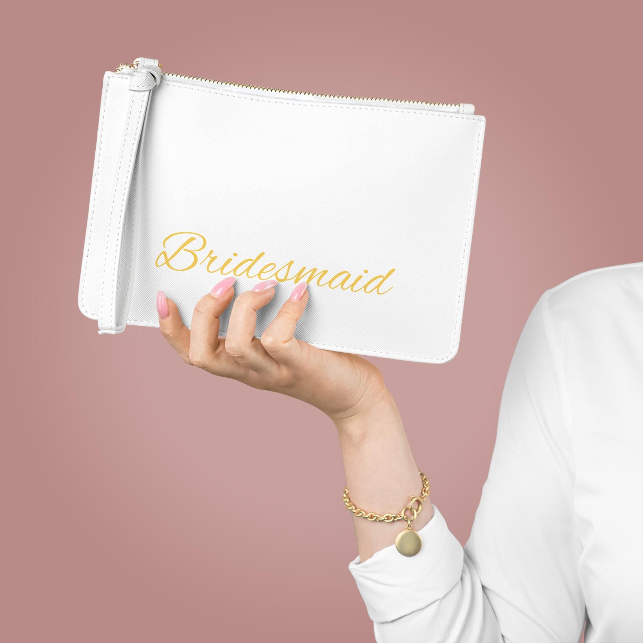 Personalized Bridesmaid Clutch: White & Gold Saffiano Leather with Wrist Strap -Razels