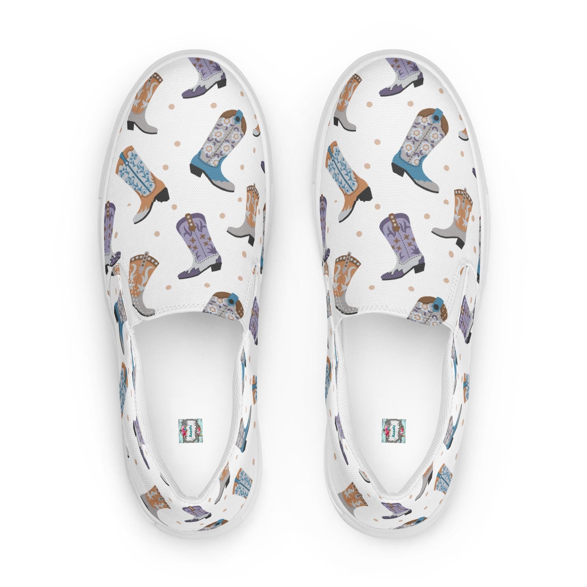 Cowboy Boot Print Women’s Slip-On Shoes | Western Canvas Comfort 
Step out in bold, boot-scootin’ style! These Western slip-on shoes feature a playful all-over cowboy boot print in shades of grey, purple, and turquoise—perfect for adding a pop of personality to any outfit.
Lightweight and breathable with soft insoles and a durable rubber outsole, these comfy kicks are made for rodeo weekends, country concerts,
✓ Colorful cowboy boot print in grey, purple & turquoise. FREE SHIPPING