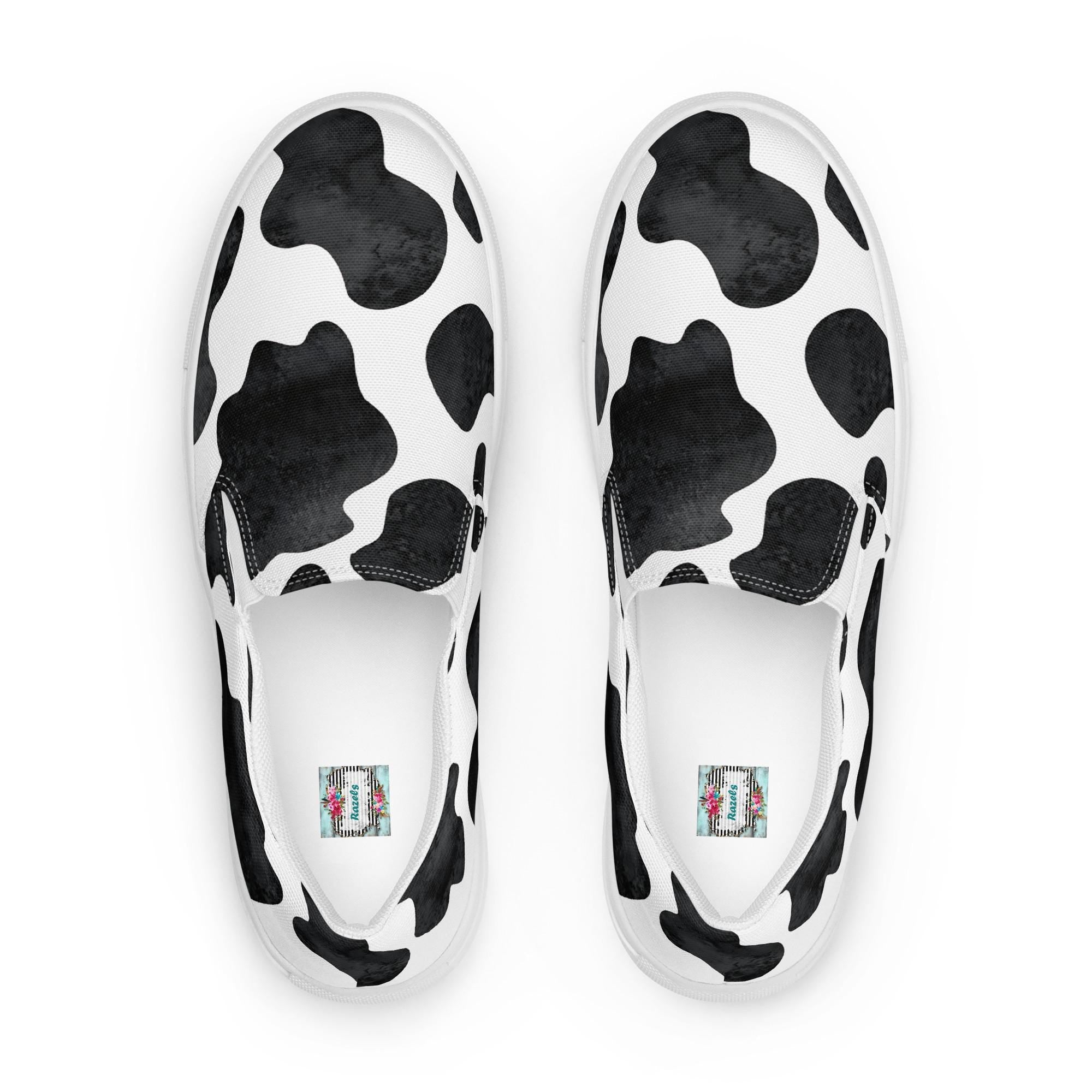 Cowprint Slip-On Shoes | Black and White Canvas Cowgirl Sneakers | Western Casual Shoes for Women