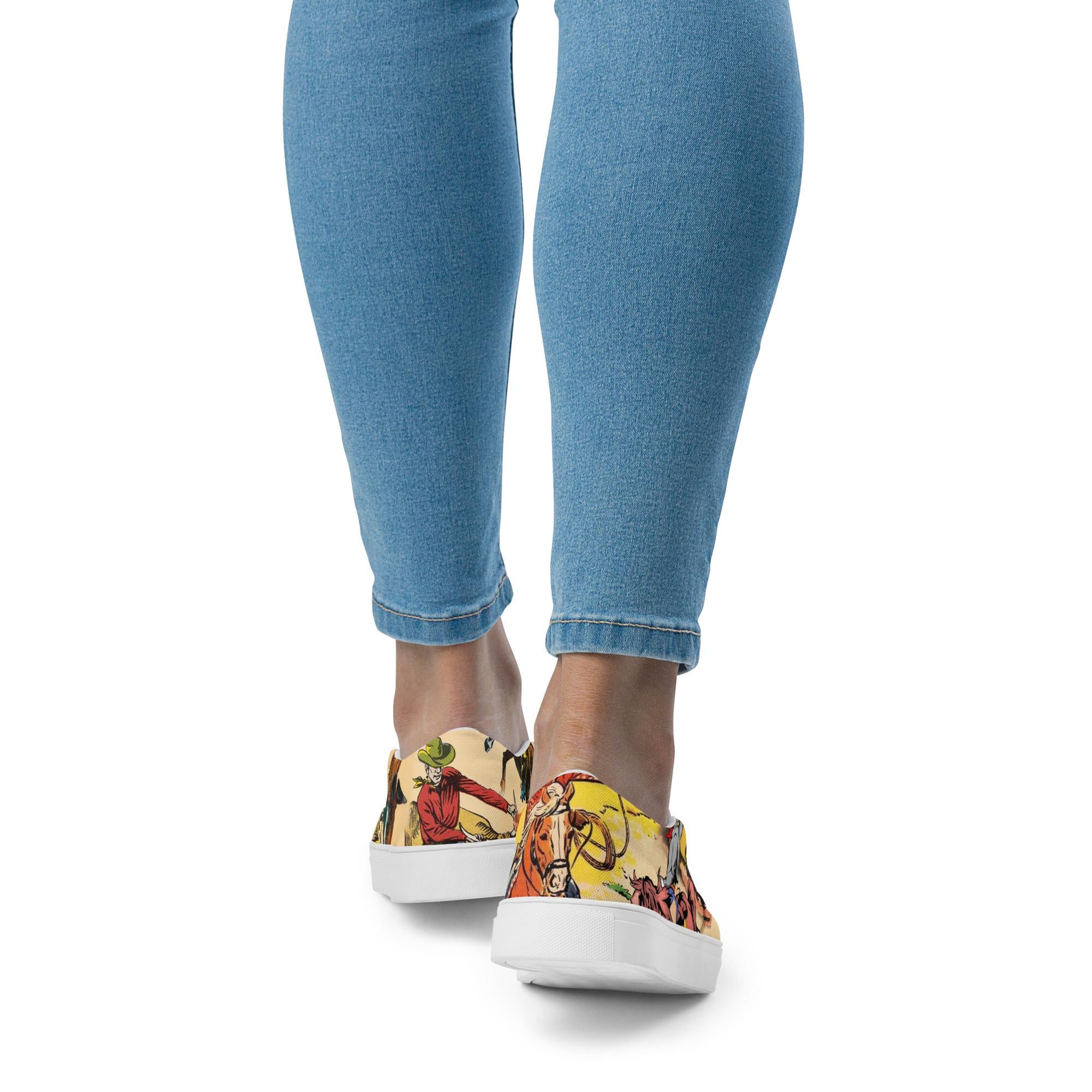 Vintage Cowgirl Slip-On Sneakers – Western Style Made Easy 🤠
ships FREE
✓ Allover retro rodeo print with cowboys, bulls, and broncs
✓ Easy slip-on design with elastic sides for the perfect fit
✓ Soft, removable insole and breathable lining = all-day comfort
✓ Cushioned collar and tongue for extra cozy wear
✓ Durable EVA rubber outsole handles whatever the day brings
✓ Printed, cut, and handmade with attention to every stitch