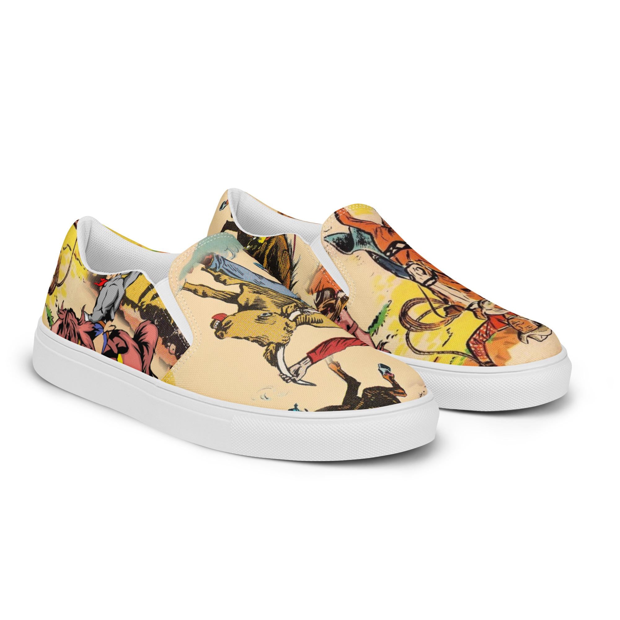 Women’s Slip-On Cowgirl Sneakers – Vintage Western Print Canvas Shoes with Cowboys, Bulls & Broncs