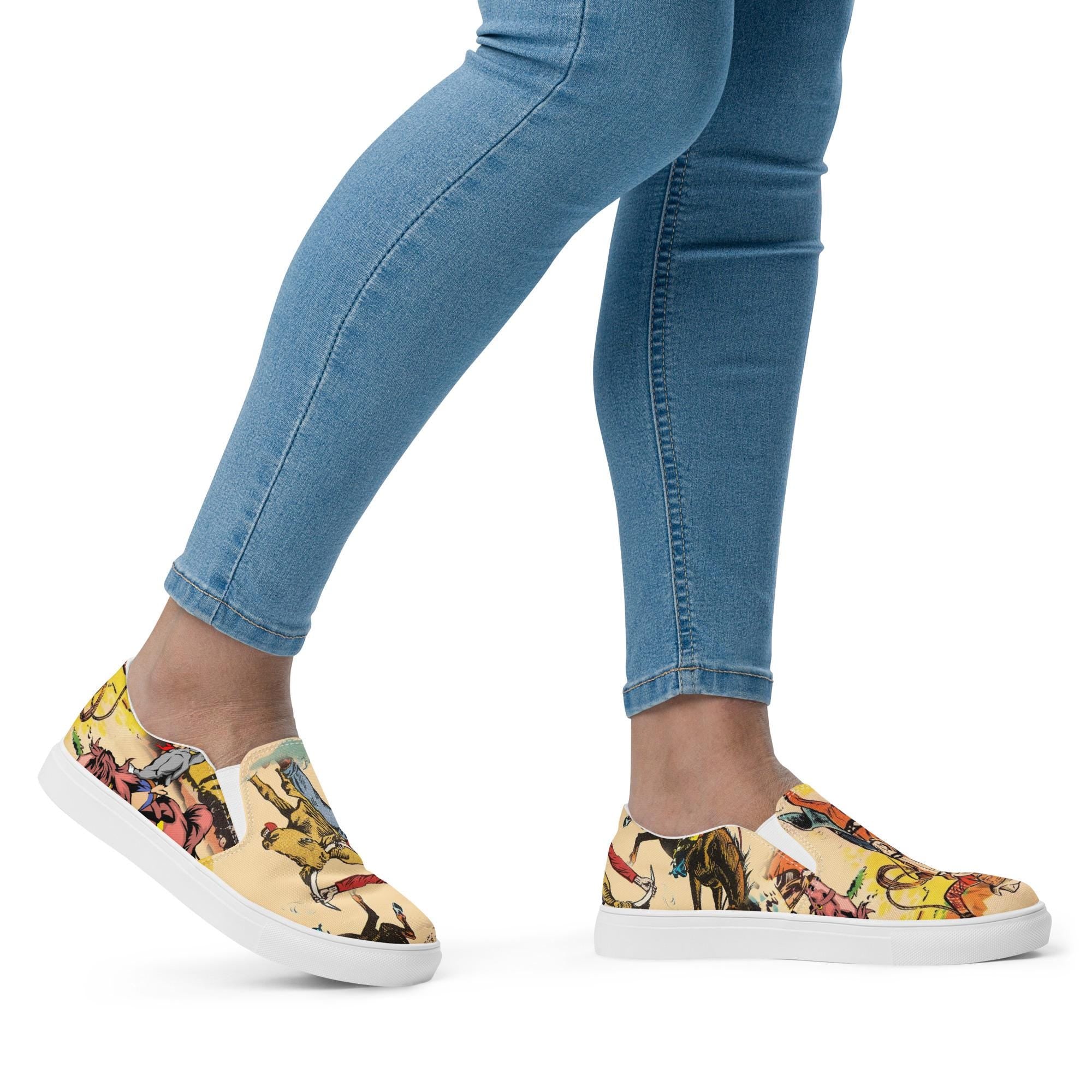 Vintage Cowgirl Slip-On Sneakers – Western Style Made Easy 🤠
ships FREE
✓ Allover retro rodeo print with cowboys, bulls, and broncs
✓ Easy slip-on design with elastic sides for the perfect fit
✓ Soft, removable insole and breathable lining = all-day comfort
✓ Cushioned collar and tongue for extra cozy wear
✓ Durable EVA rubber outsole handles whatever the day brings
✓ Printed, cut, and handmade with attention to every stitch