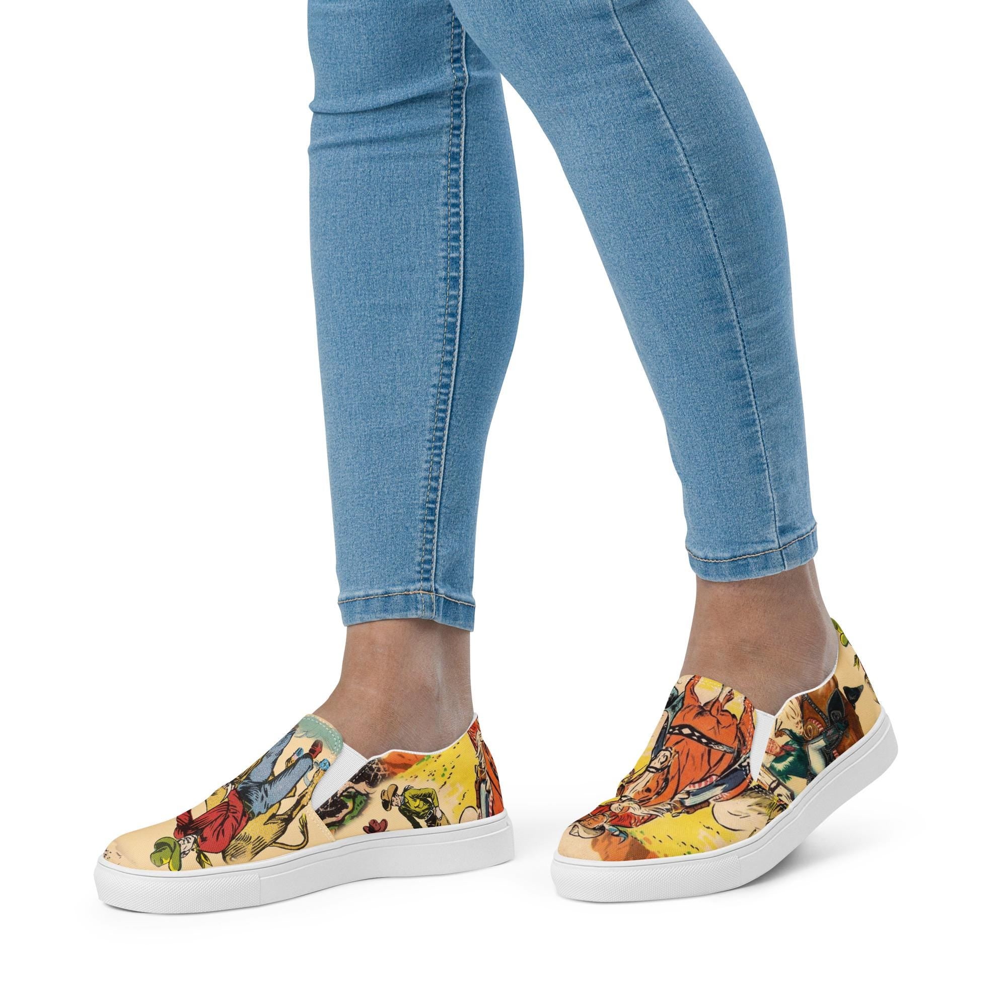 Women’s Slip-On Cowgirl Sneakers – Vintage Western Print Canvas Shoes with Cowboys, Bulls & Broncs