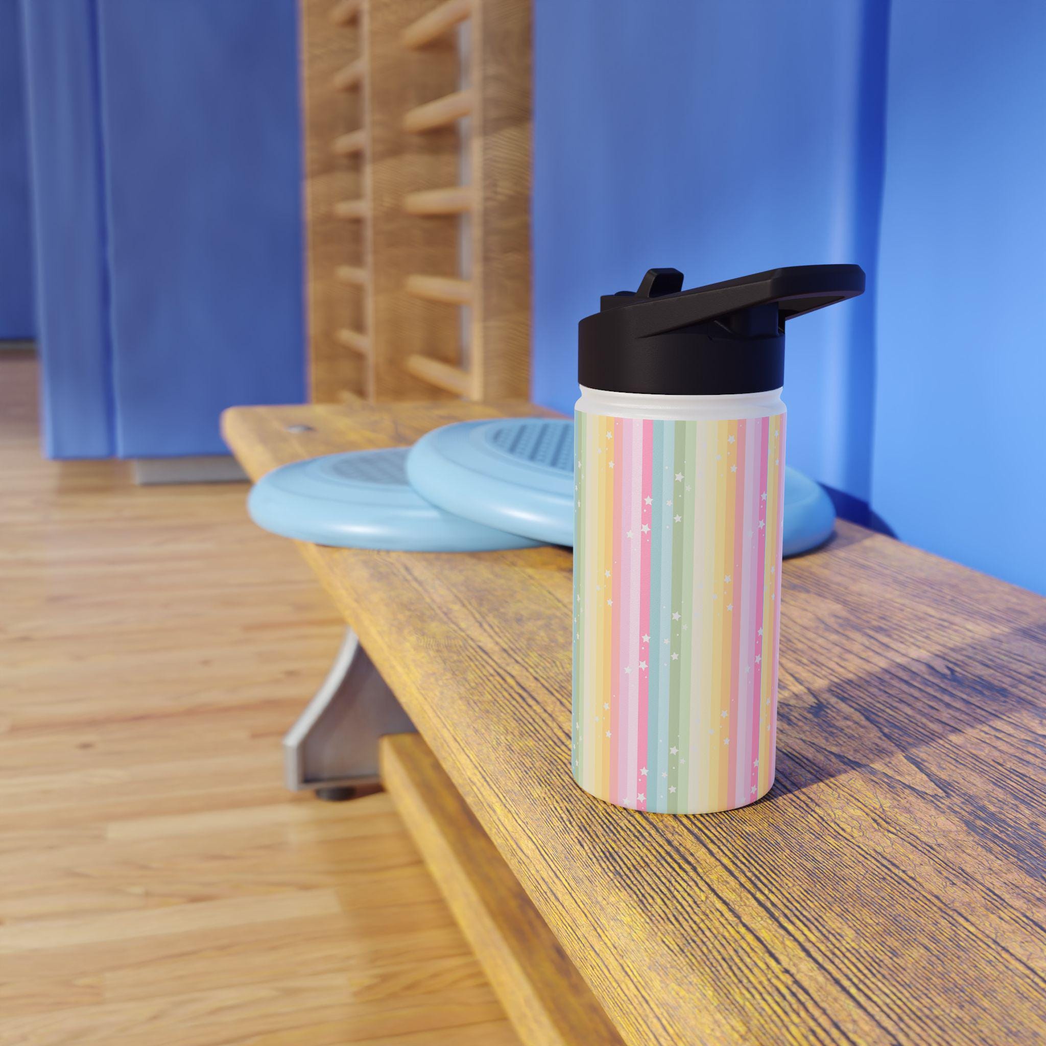 Personalized Rainbow Striped Stainless Steel Water Bottle with Stars, Personalized Kids Water Bottle, Back to School
