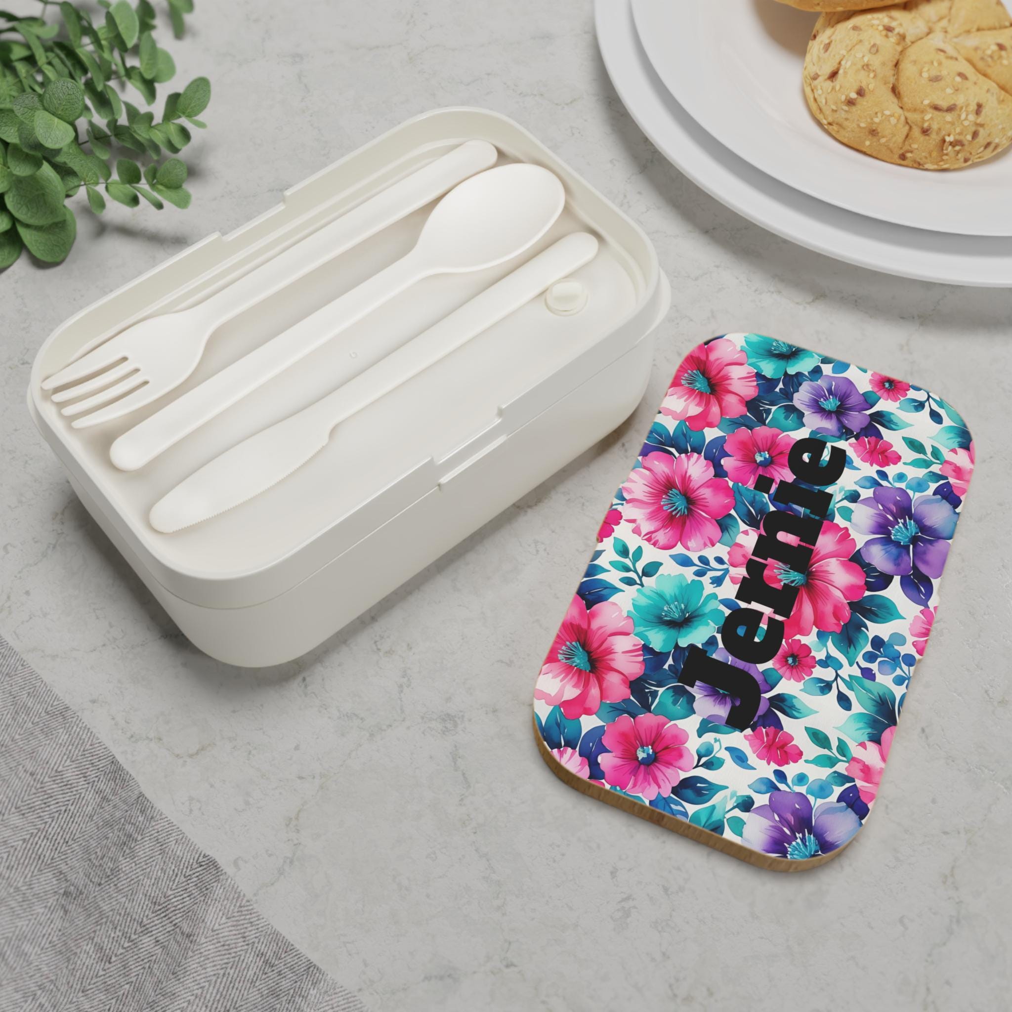 Personalized Floral Bento Box, Customizable Lunch Container, Kids Name Lunch box, Matching Backpack & Water Bottle Available