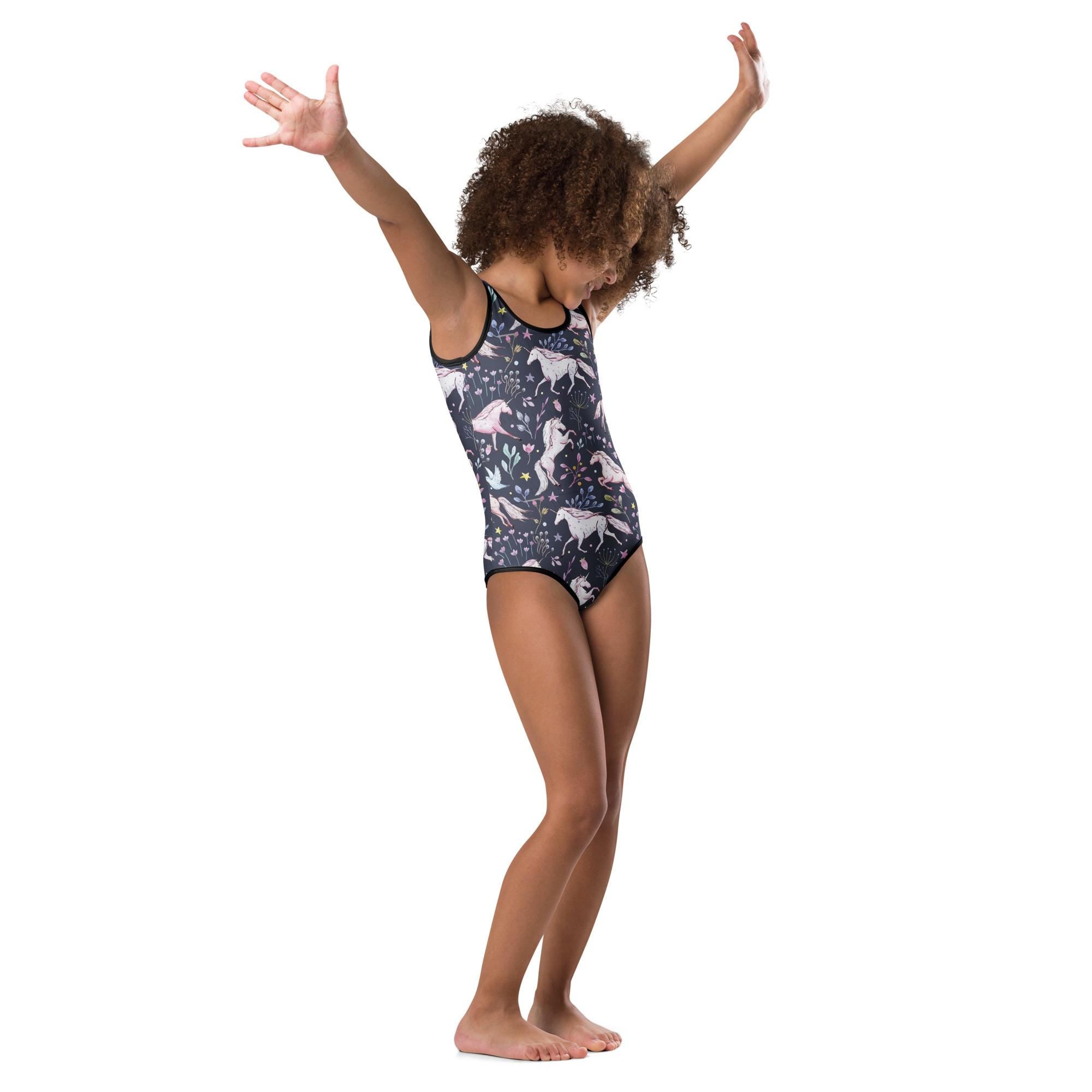Unicorn & Flowers Kids Swimsuit, Navy one-piece Swimsuit, Unicorn Lover