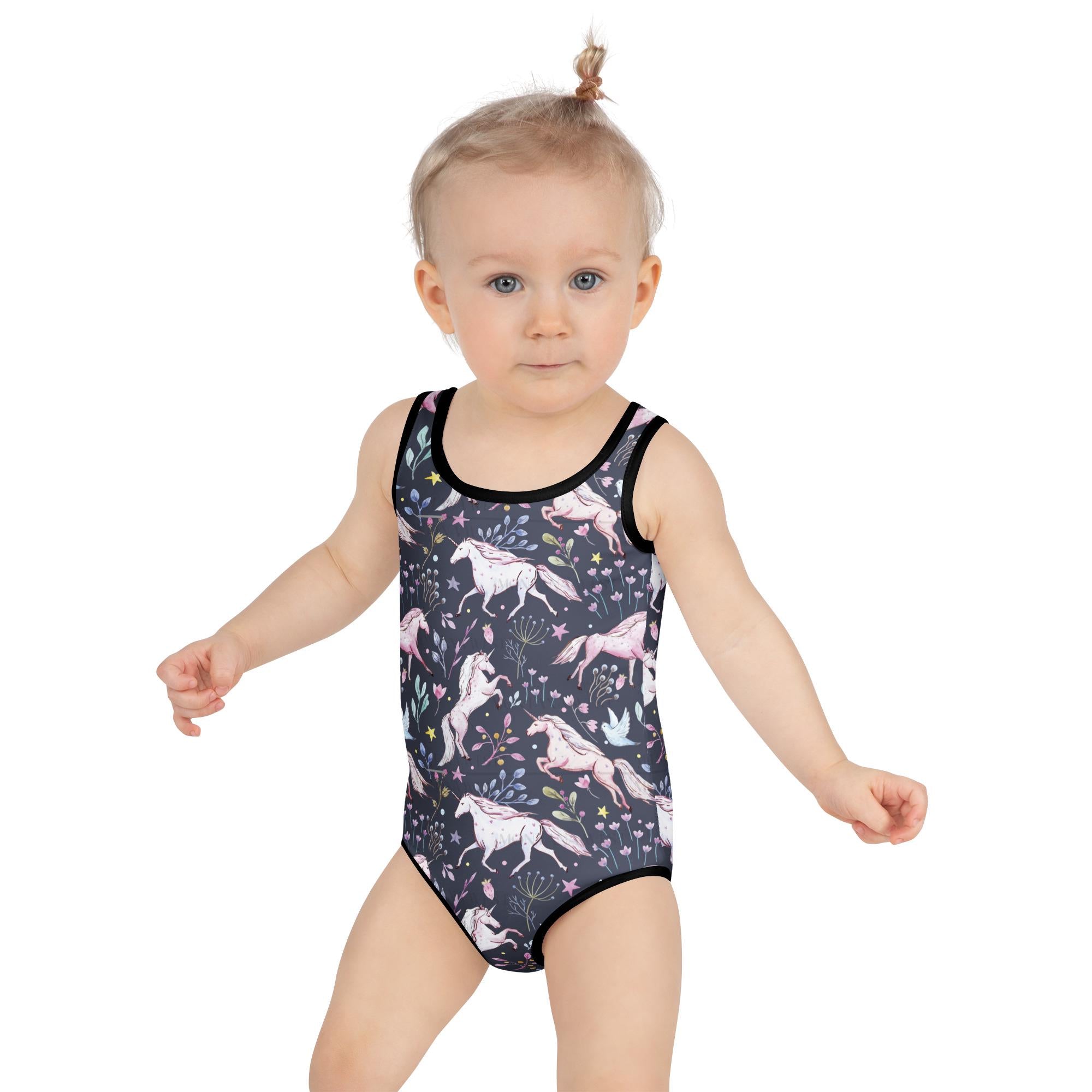 Unicorn & Flowers Kids Swimsuit, Navy one-piece Swimsuit, Unicorn Lover
