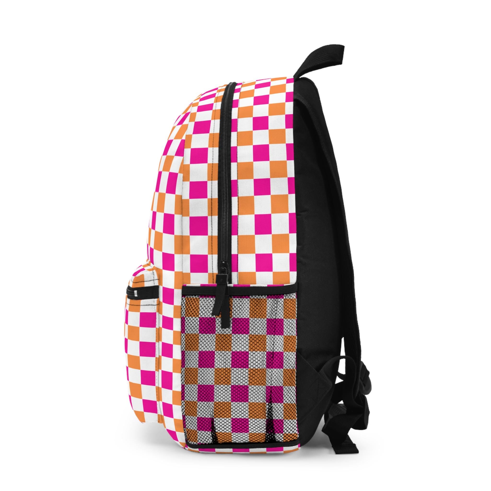 Vibrant Pink & Orange Checkerboard Backpack | Customizable School Bag | Student and Travel Backpack