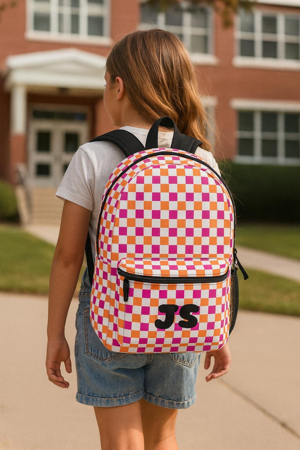 Vibrant Pink & Orange Checkerboard Backpack | Customizable School Bag | Student and Travel Backpack