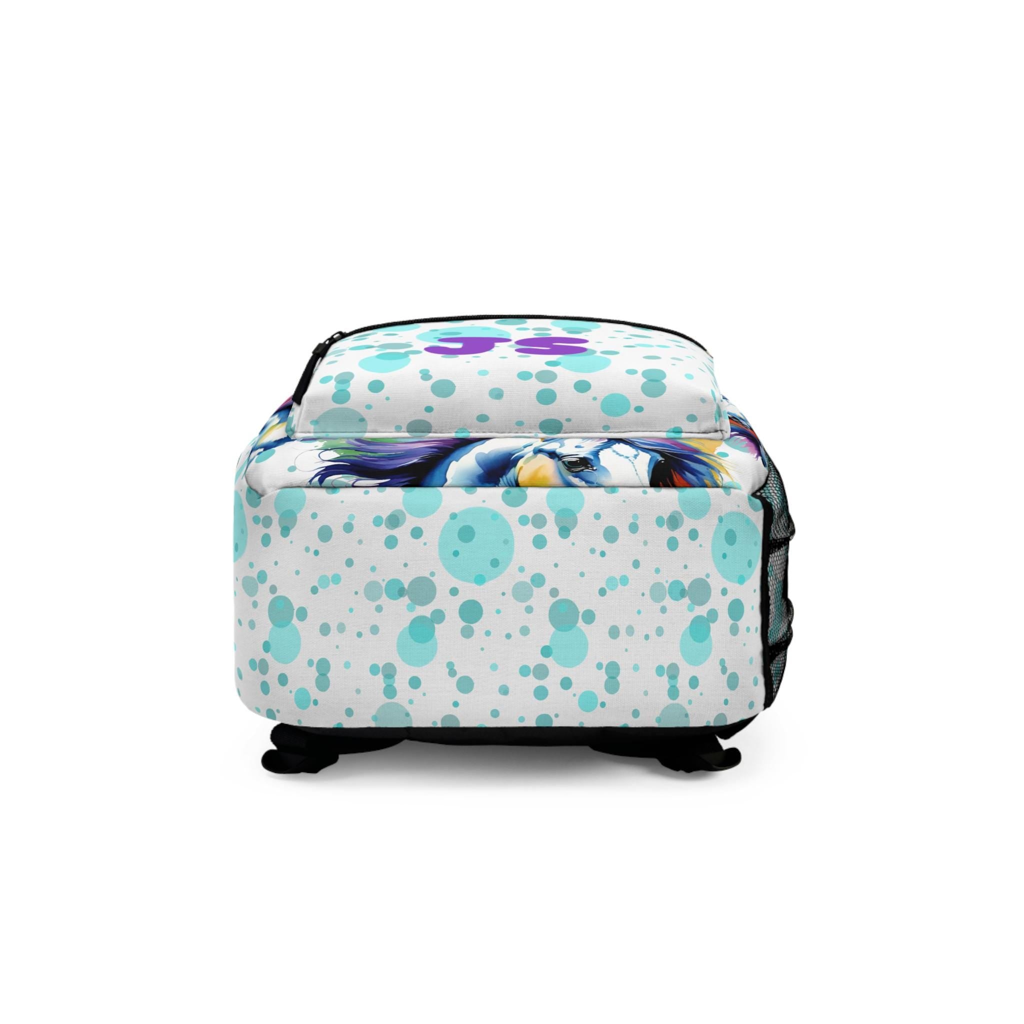 Custom Horse Backpack for Girls | Back to School Bag with Name or Initials | Turquoise Bubble Dots | Horse Girl Backpack