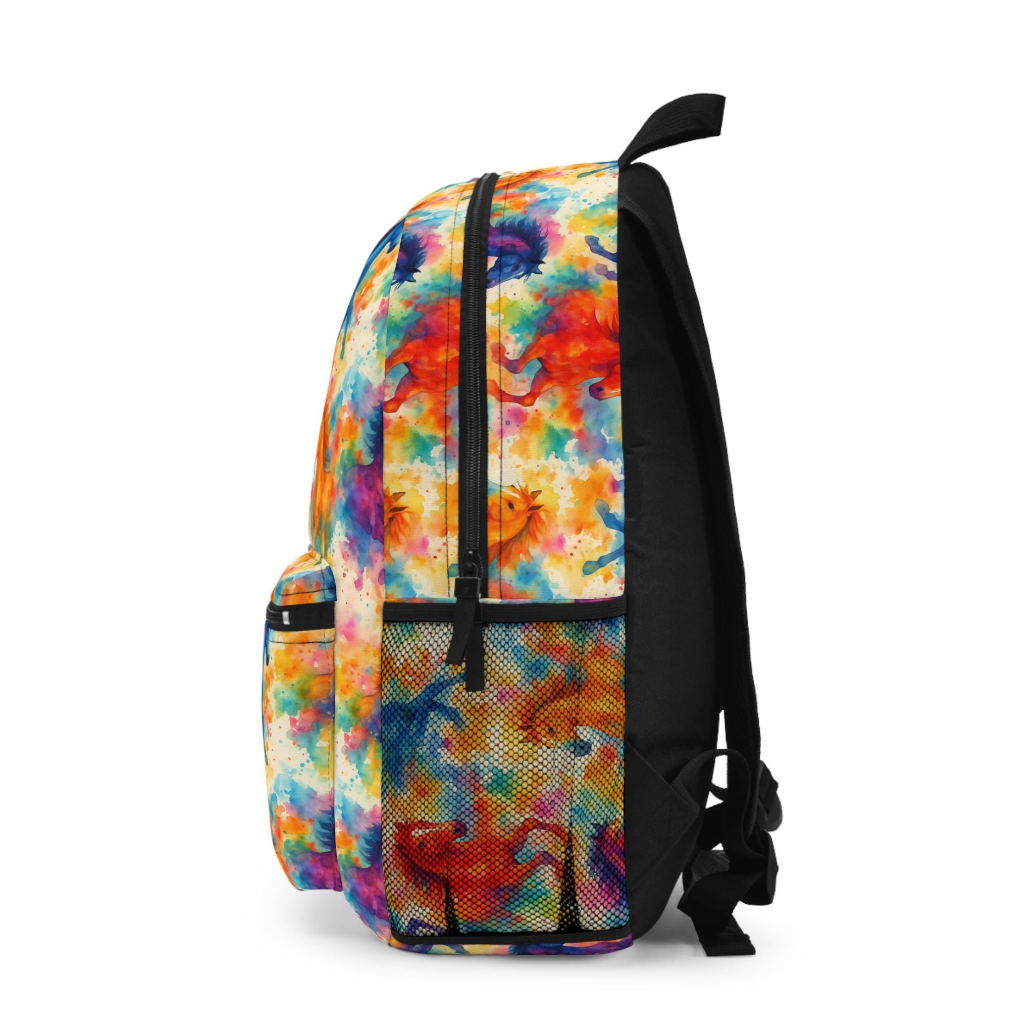 Personalized Colorful Horse Print Backpack | Custom Name Kids School Bag | Allover Watercolor Horse Backpack for Girls | Equestrian Gift