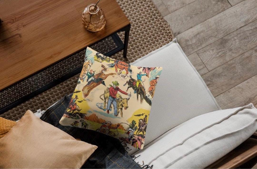 Western Cowboy Print Pillow, Rustic Home Decor -Razels