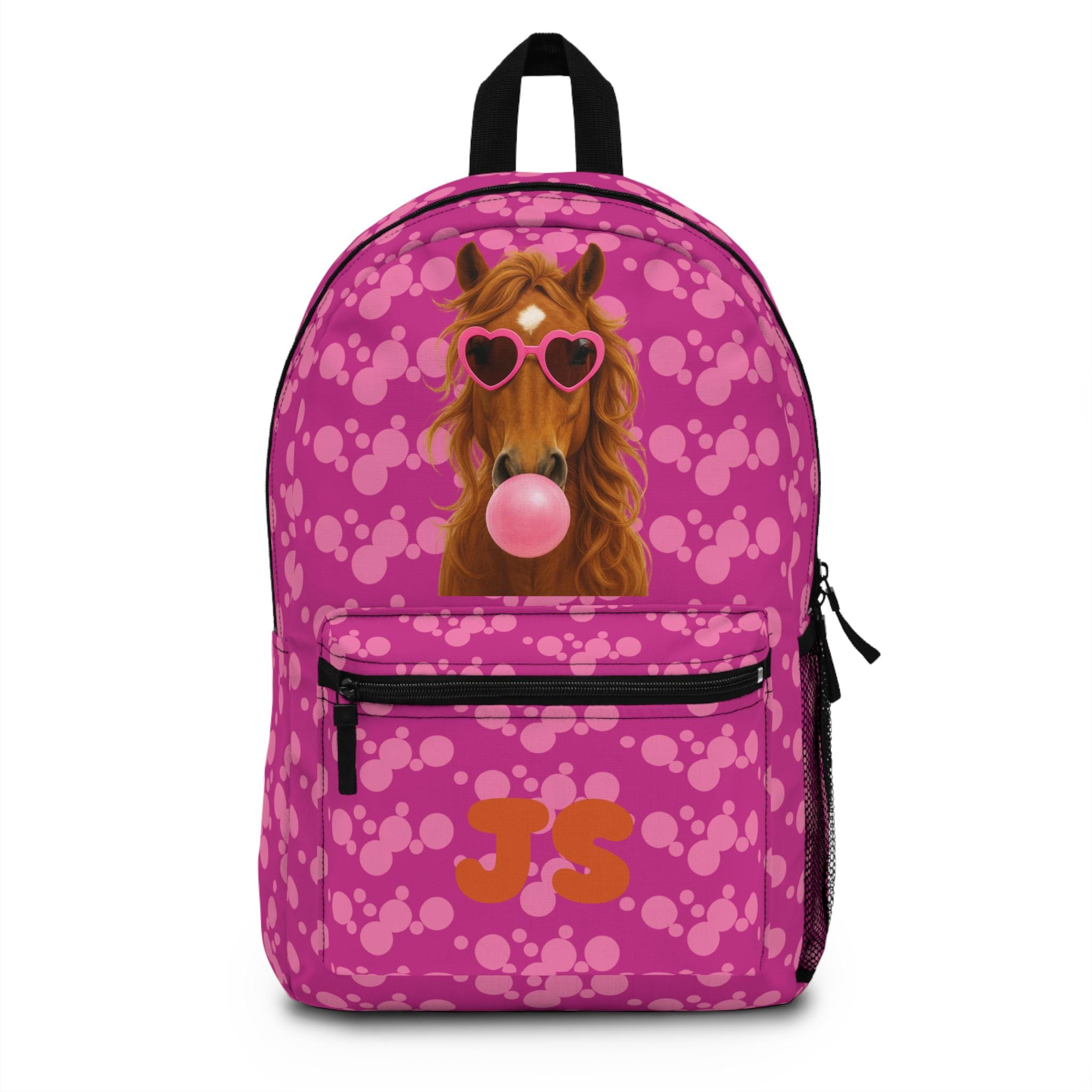 Personalized Horse Backpack for Girls | Bubblegum Pink Heart Sunglasses Design | Custom Name Back to School Bag