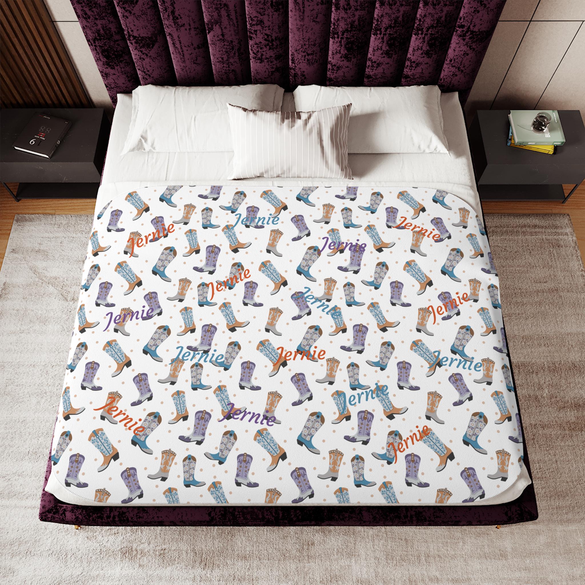 Personalized Cowboy Boot Name Blanket | Cozy Sherpa Throw | Cowgirl Bedroom Decor | Custom Western Blanket in Brown, Purple & Turquoise