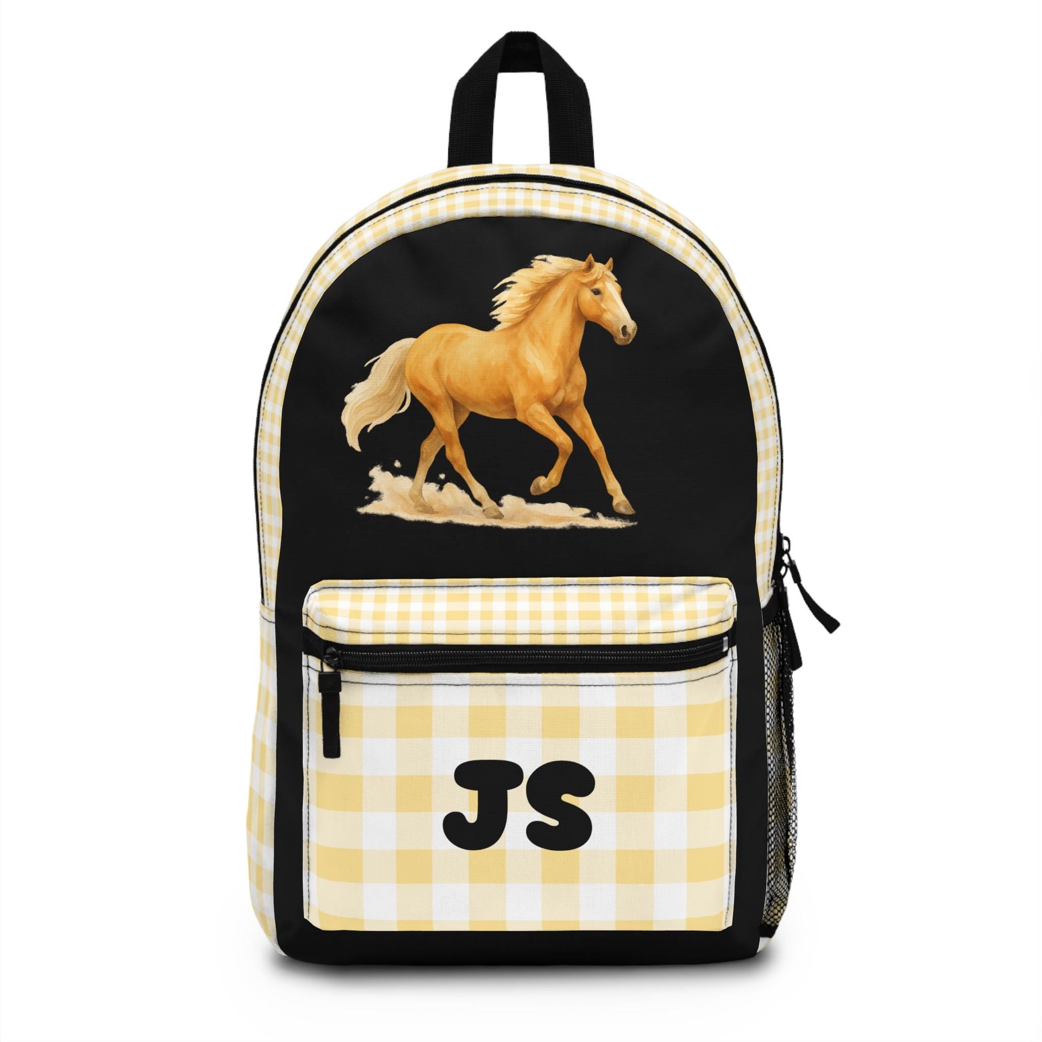 Palomina Horse Print Backpack, Yellow Plaid Custom Name Kids School Bag | Allover Watercolor Horse Backpack for Girls | Equestrian Gift