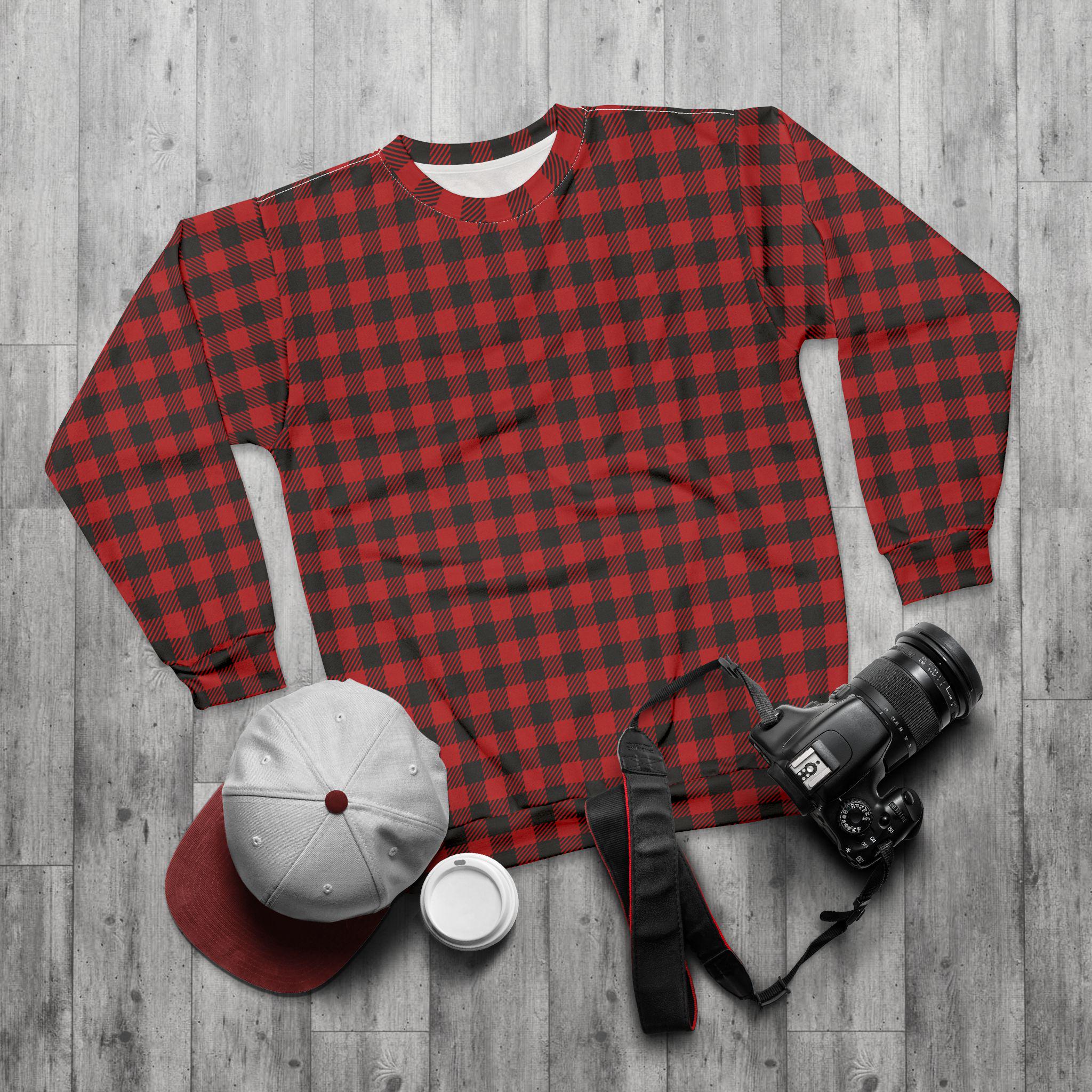 Buffalo Plaid Sweatshirt, Cozy Holiday Unisex Pullover, Red Checkered Christmas Top