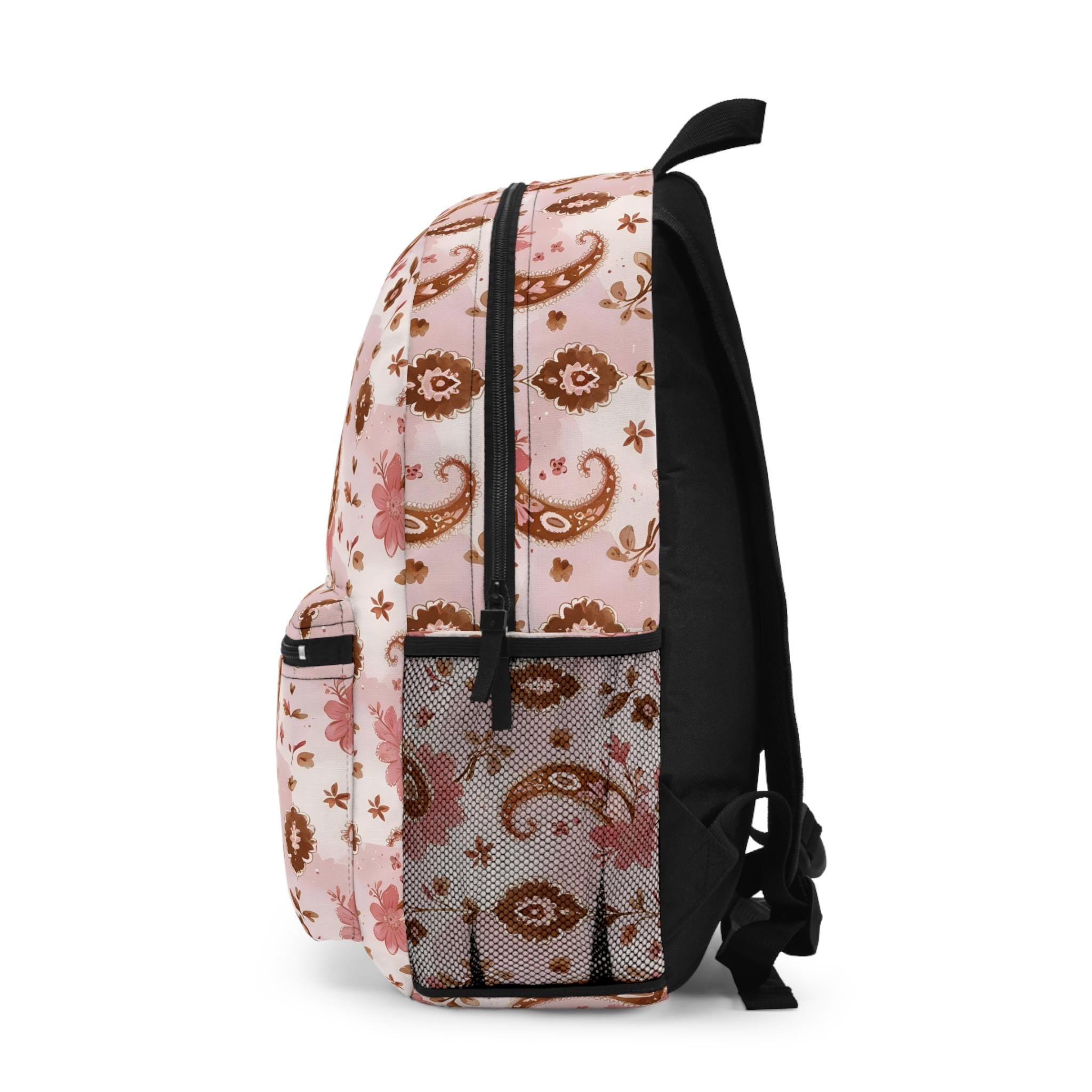 Personalized Pink & Brown Paisley Backpack | Custom Initials School Bag
