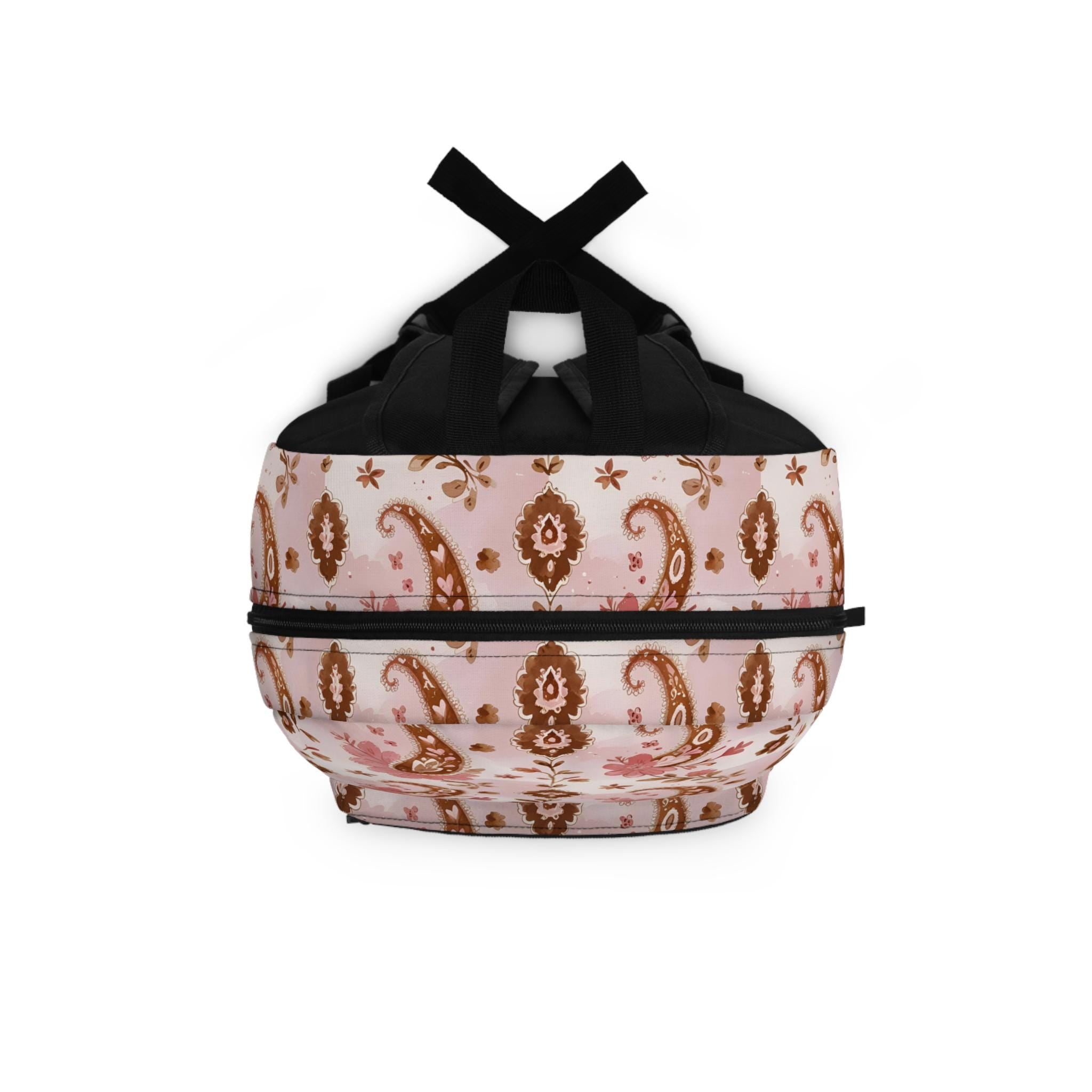 Personalized Pink & Brown Paisley Backpack | Custom Initials School Bag