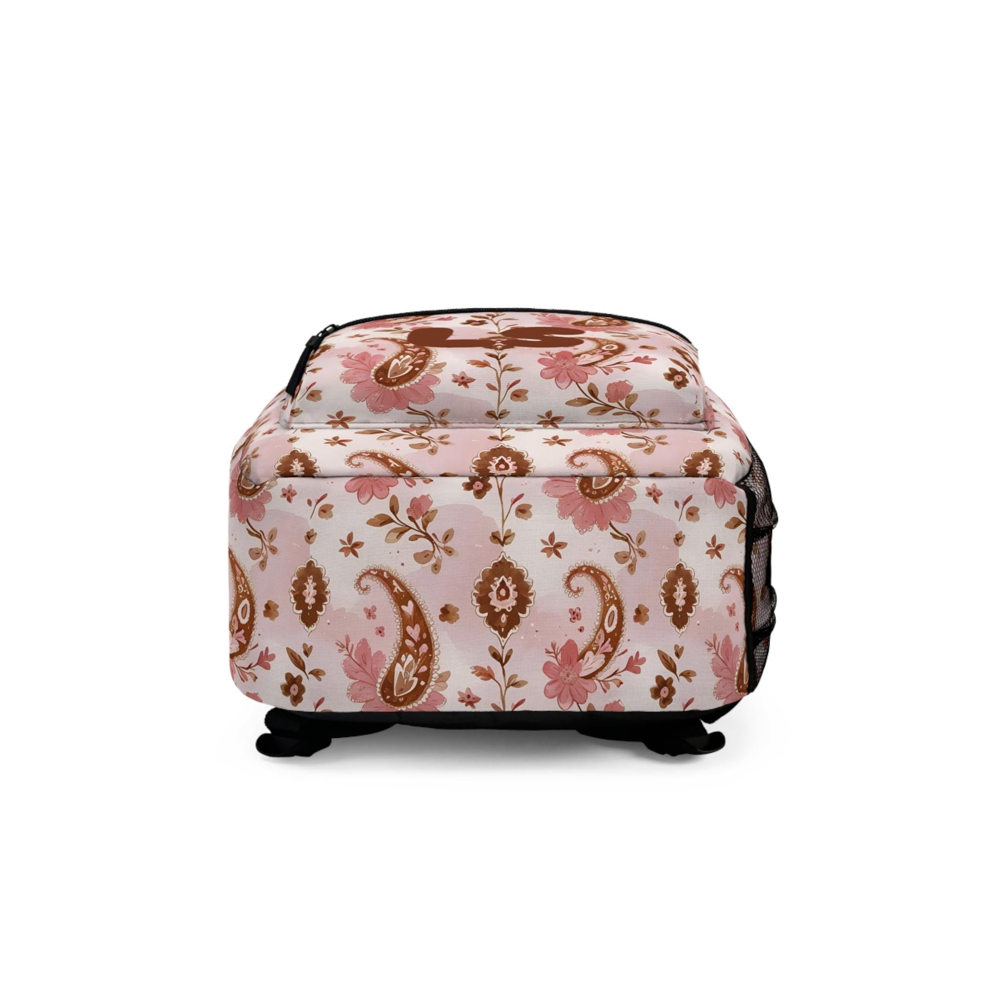 Personalized Pink & Brown Paisley Backpack | Custom Initials School Bag