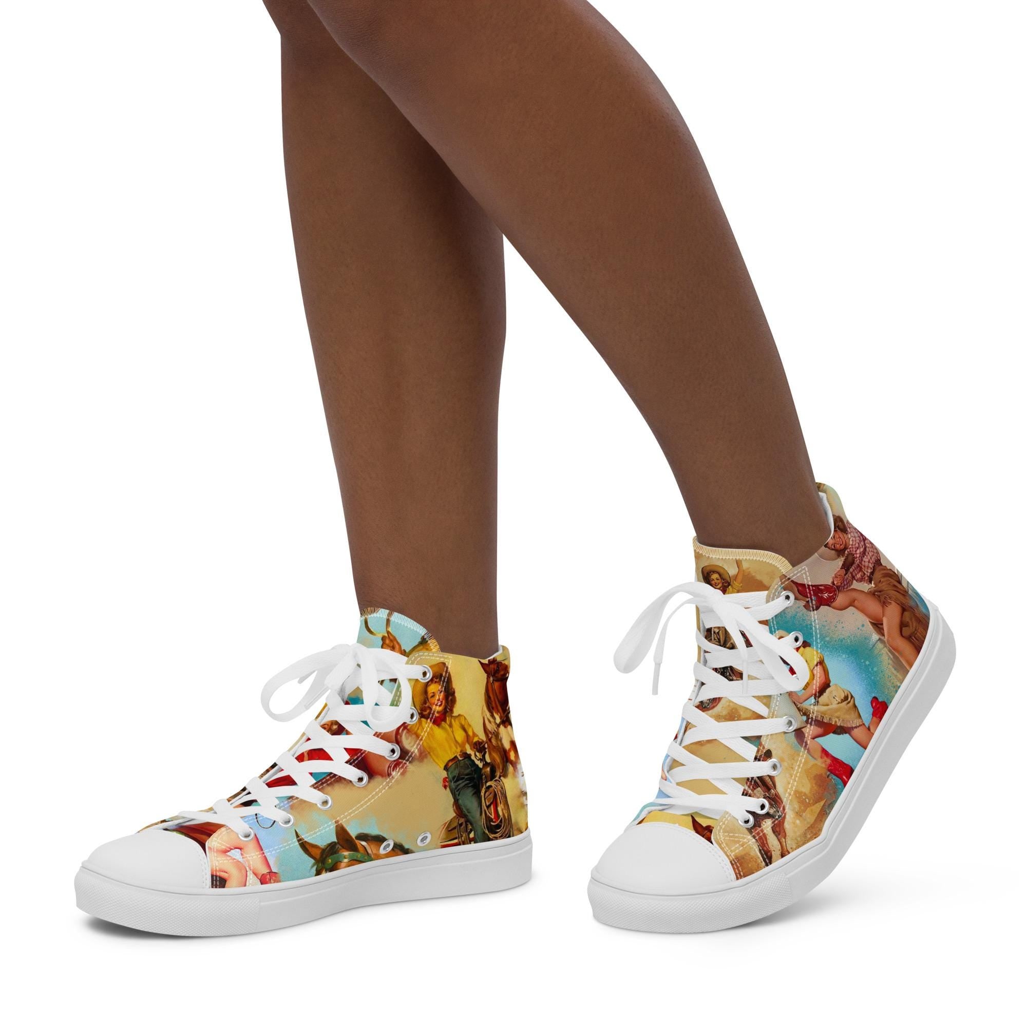 Western Shoes - Women&#39;s Vintage Cowgirl Sneakers | Retro Cowgirl Tennis Shoes . 
🤠 Authentic Vintage Cowgirl Design - Classic Western artwork featuring cowgirls in action
👟 High-Top Canvas Style - Timeless silhouette with Western twist
🌟 Retro Western Fashion - Perfect for rodeos, country concerts, or casual Western wear
💪 All-Day Comfort - Soft insole and breathable lining for comfortable wear
🎨 Coordinated Details - Matching soles and laces for polished Western look