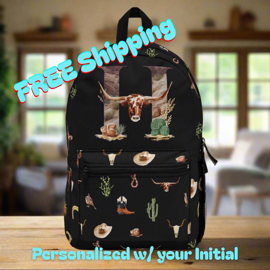 Go Back to School Backpack Personalized Western Backpack , Black Cowboy Print Bag with Initial
