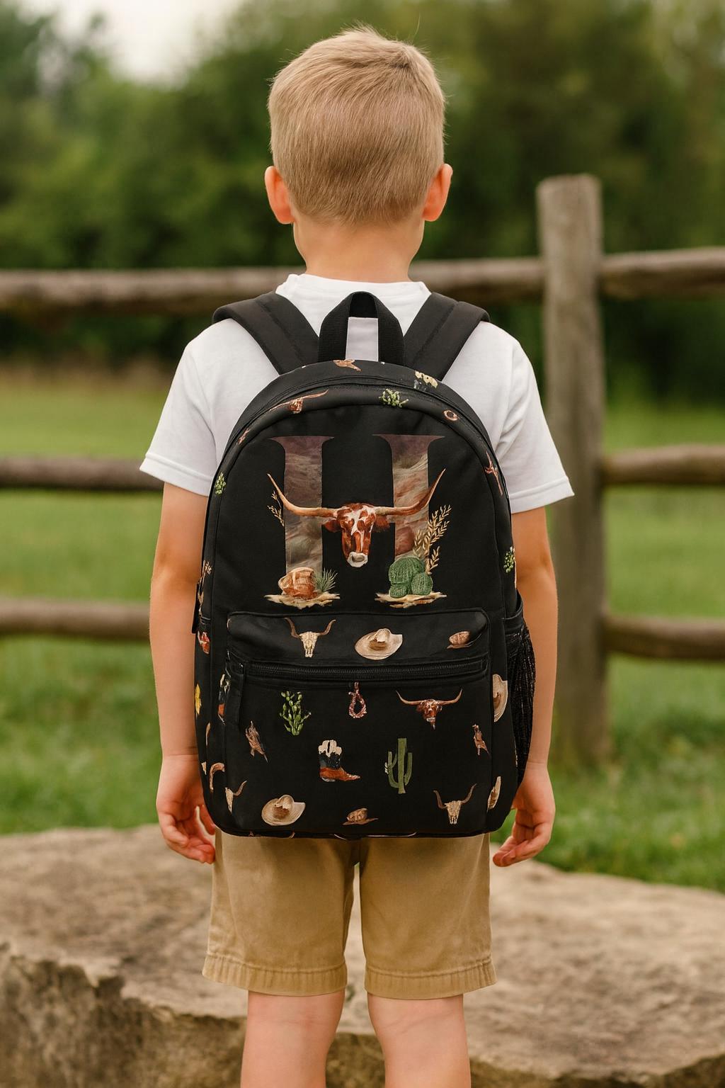 Go Back to School Backpack Personalized Western Backpack , Black Cowboy Print Bag with Initial