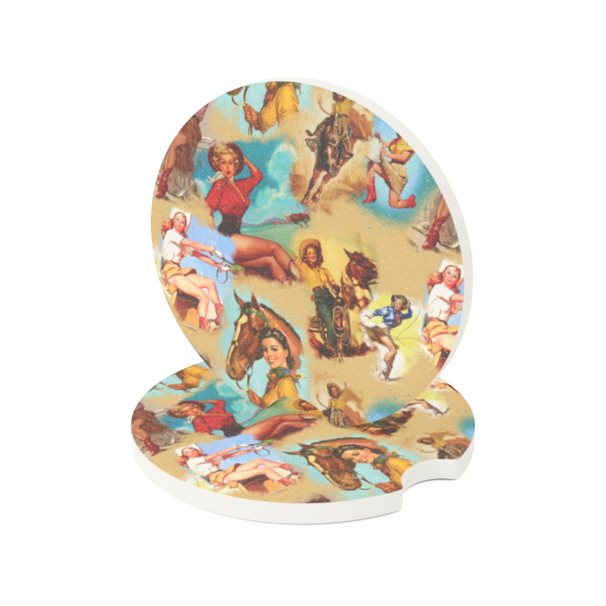 Vintage Cowgirl Car Coaster, Western Soapstone Coaster for Cup Holders | Retro Stocking Stuffer Gift for Cowgirls