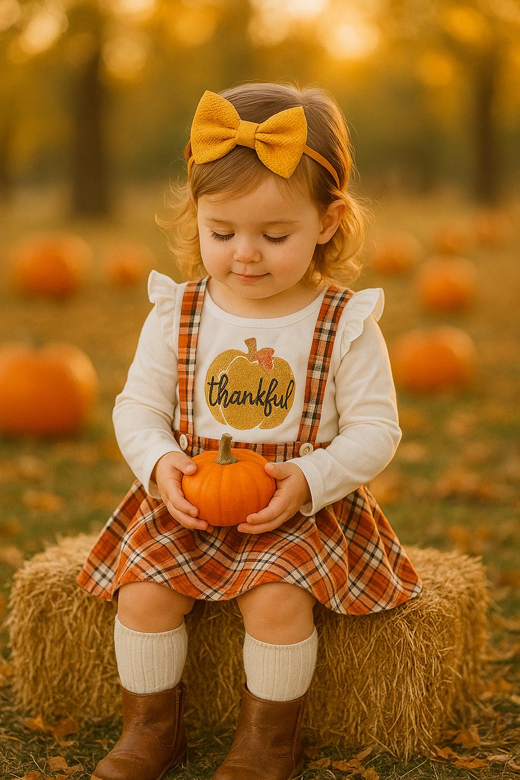 Toddler Girl Thanksgiving Outfit – “Thankful” Ruffle Top & Plaid Suspender Skirt Set

Oh my pumpkins! This adorable two-piece brings all the cozy fall vibes—perfect for pumpkin patch pics, school parties, and Turkey Day dinner.

✓ Thankful Top – glittery gold pumpkin with “thankful” + sweet ruffle sleeves
✓ Plaid Suspender Skirt – adjustable front ties with back loop for a secure, custom fit
✓ Mix & Match – layer with tights, boots, and a cardigan for peak fall style
