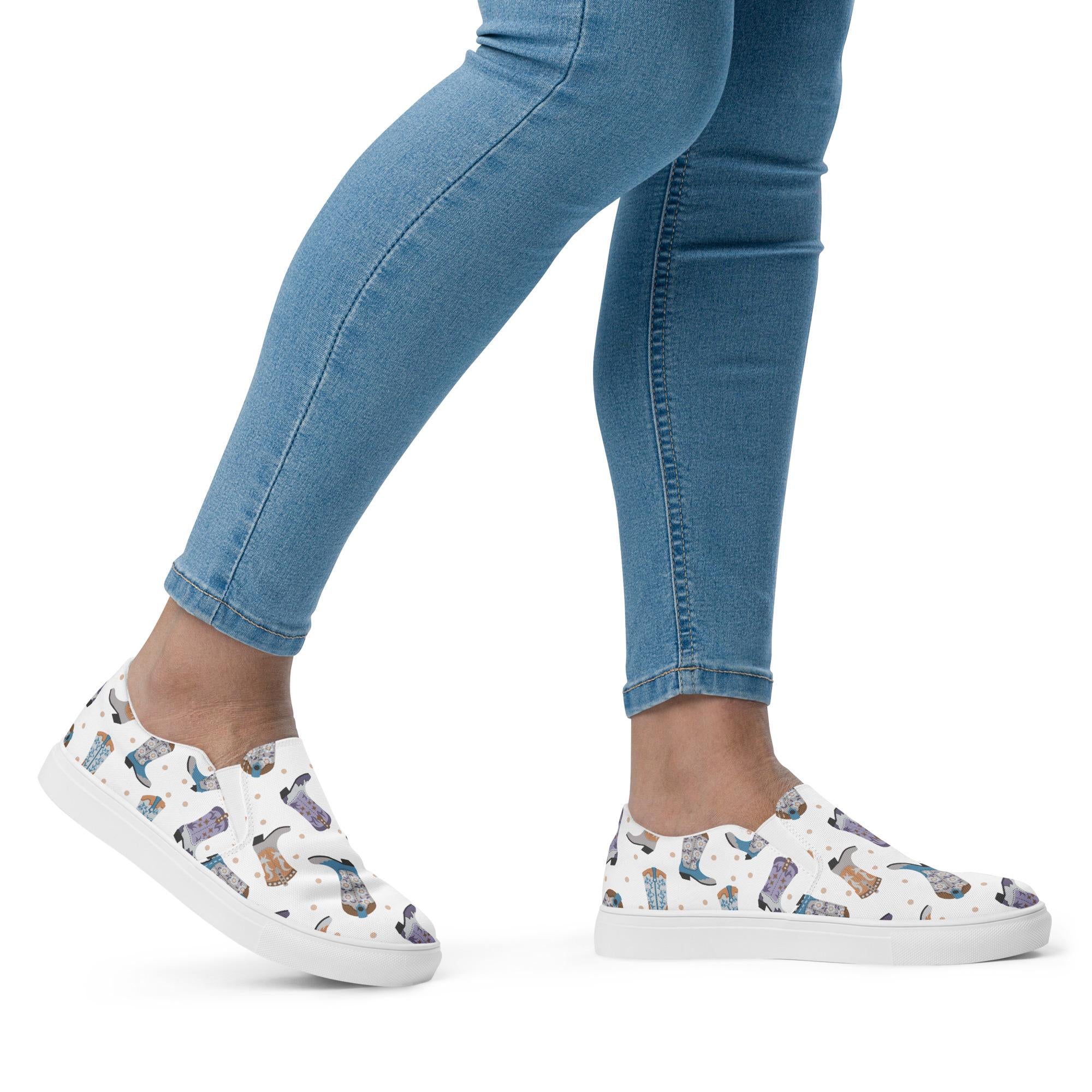 Cowboy Boot Print Women’s Slip-On Shoes | Western Canvas Comfort