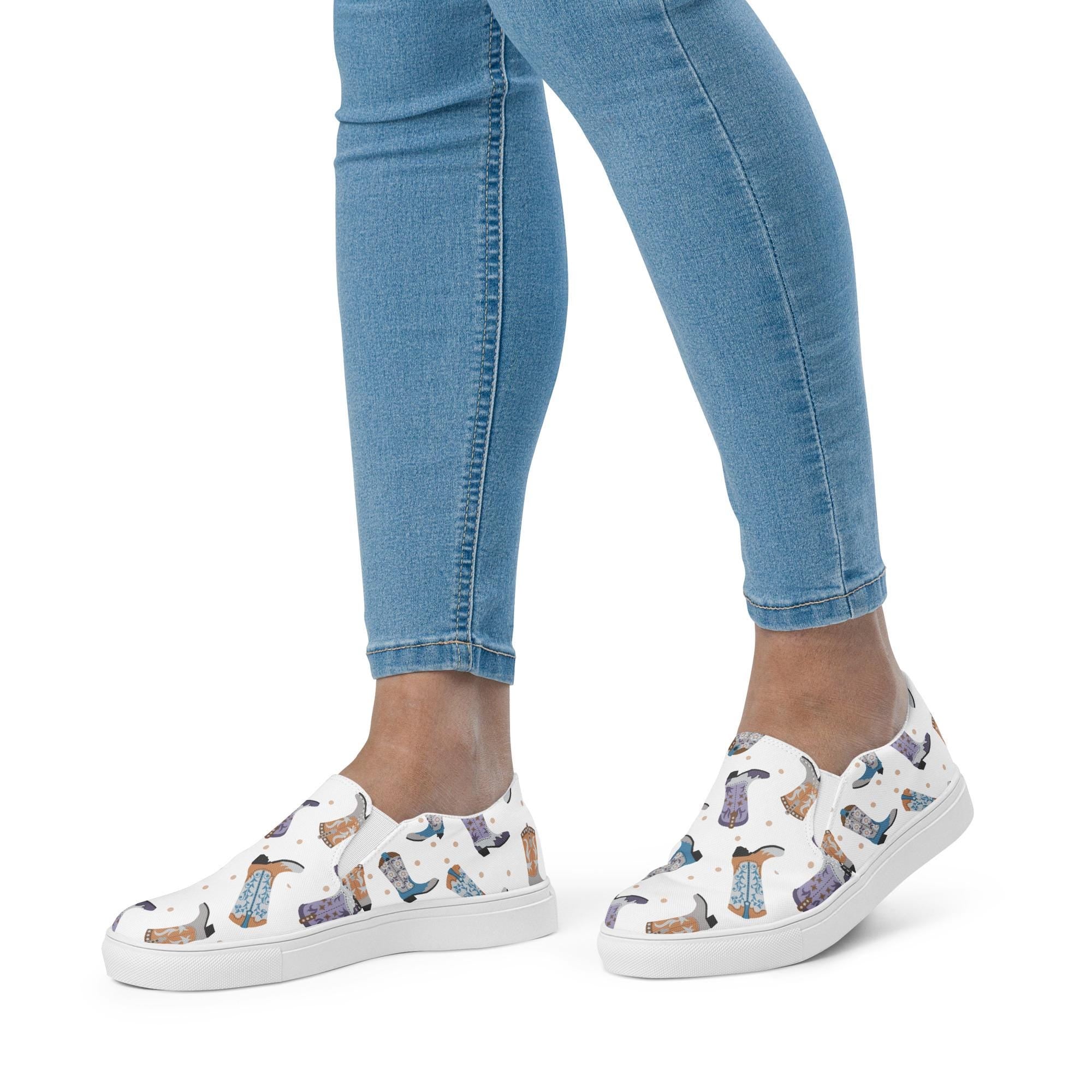 Cowboy Boot Print Women’s Slip-On Shoes | Western Canvas Comfort 
Step out in bold, boot-scootin’ style! These Western slip-on shoes feature a playful all-over cowboy boot print in shades of grey, purple, and turquoise—perfect for adding a pop of personality to any outfit.
Lightweight and breathable with soft insoles and a durable rubber outsole, these comfy kicks are made for rodeo weekends, country concerts,
✓ Colorful cowboy boot print in grey, purple & turquoise. FREE SHIPPING