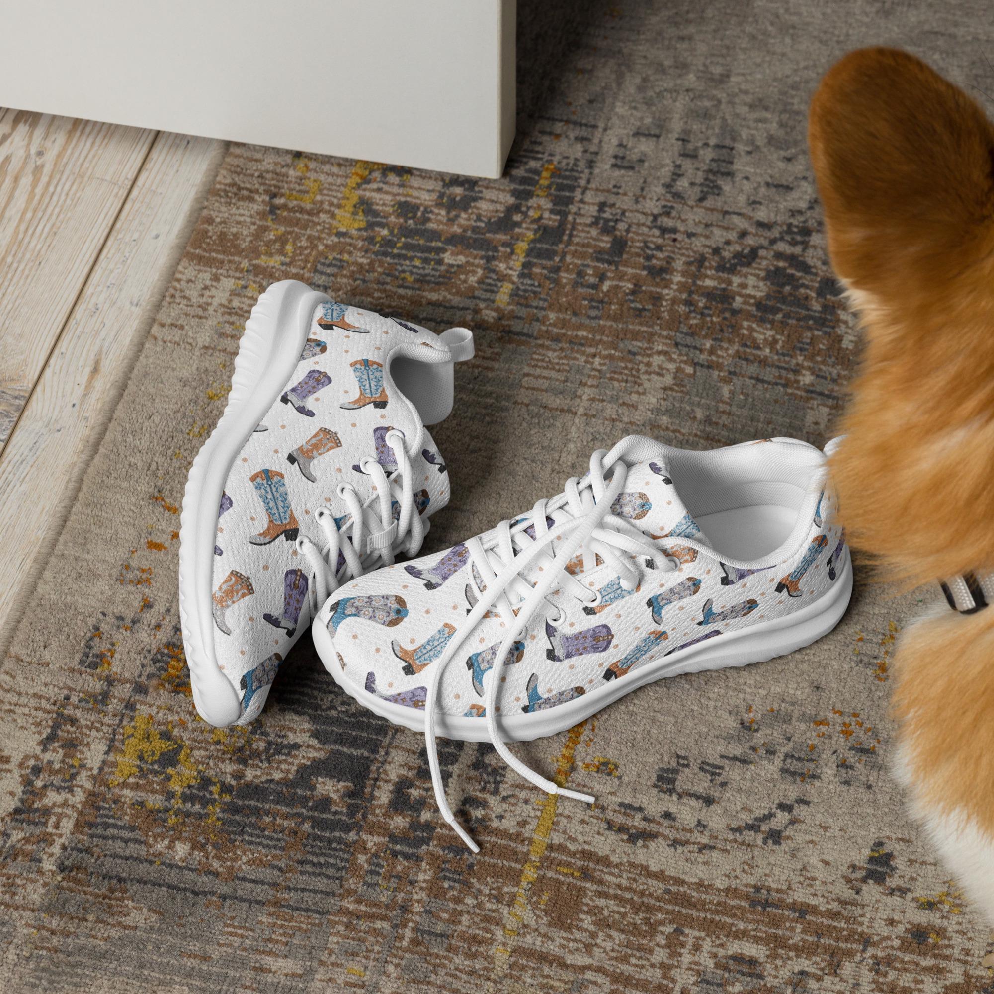 Cowboy Boot Athletic Sneakers | Lightweight Western Lace-Up Shoes 
Put a little giddy-up in your step! These lightweight athletic sneakers are covered in a fun and funky cowboy boot print in grey, purple, and turquoise—bringing Western charm to your everyday hustle. Whether you&#39;re on your feet all day or running errands around town, 
✓ All-over cowboy boot print in grey, purple & turquoise
✓ Lace-up front for a secure fit
✓ Matching colored soles & laces
FREE SHIPPING