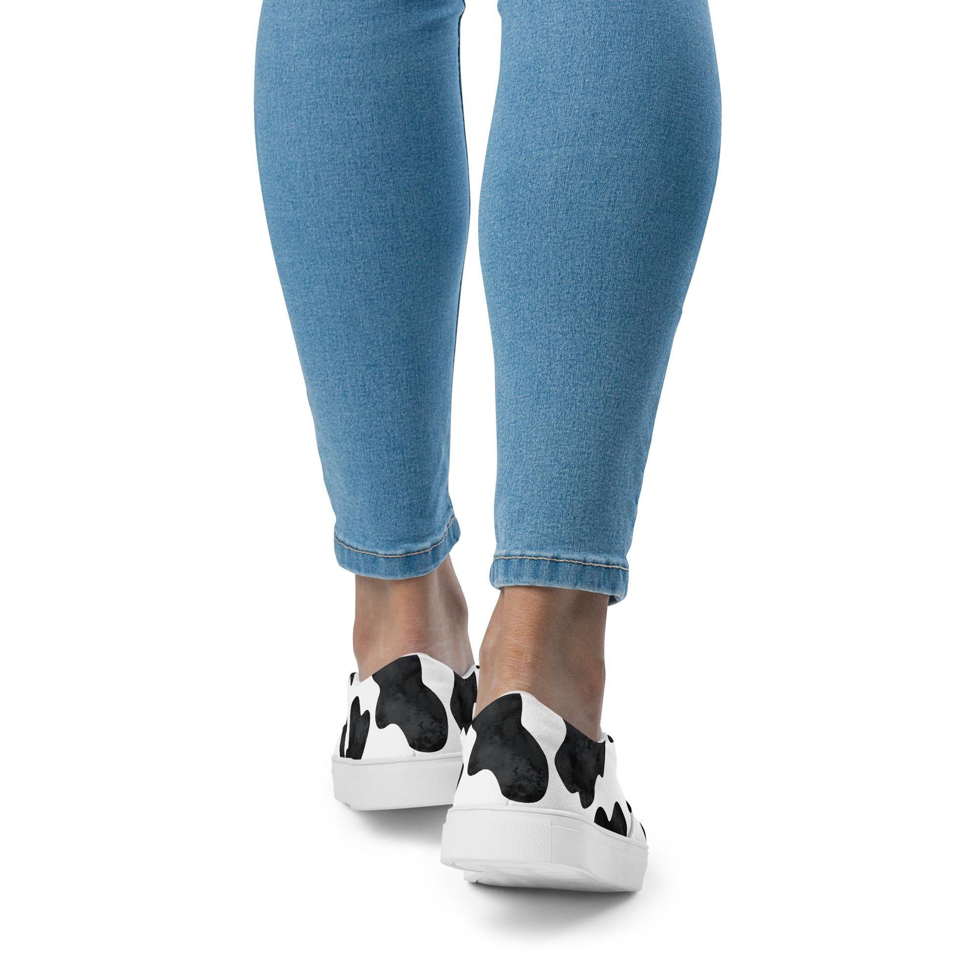 Cowprint Slip-On Shoes | Black and White Canvas Cowgirl Sneakers | Western Casual Shoes for Women