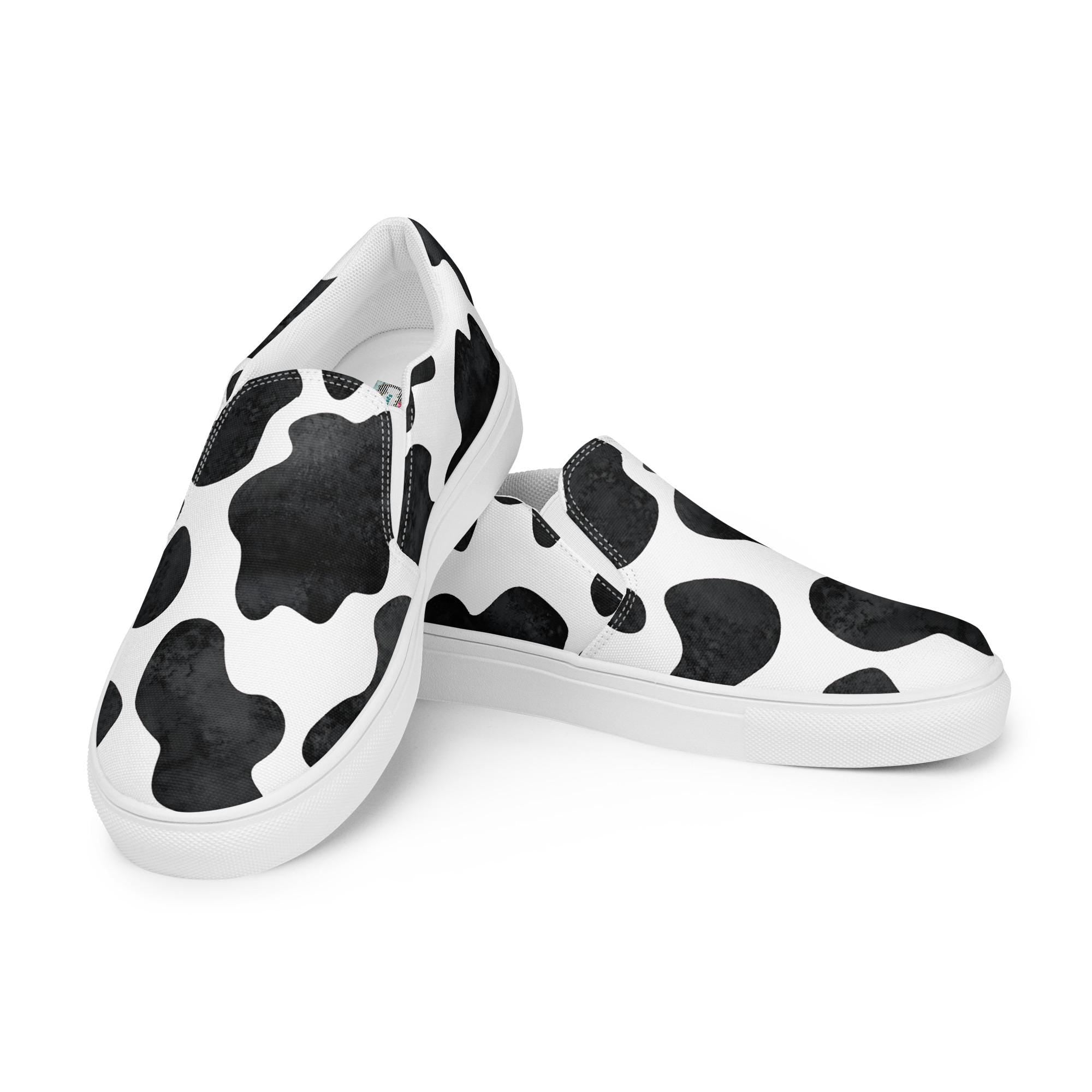 Cowprint Slip-On Shoes | Black and White Canvas Cowgirl Sneakers | Western Casual Shoes for Women