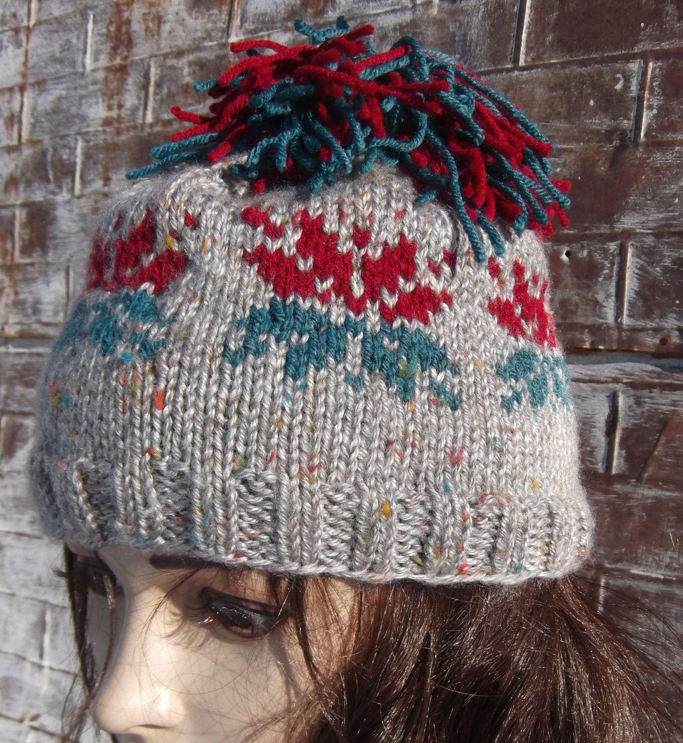 SNOWFLAKE Pompom HAT, Hand Knit Snowflake Pom Pom Hat Beanie