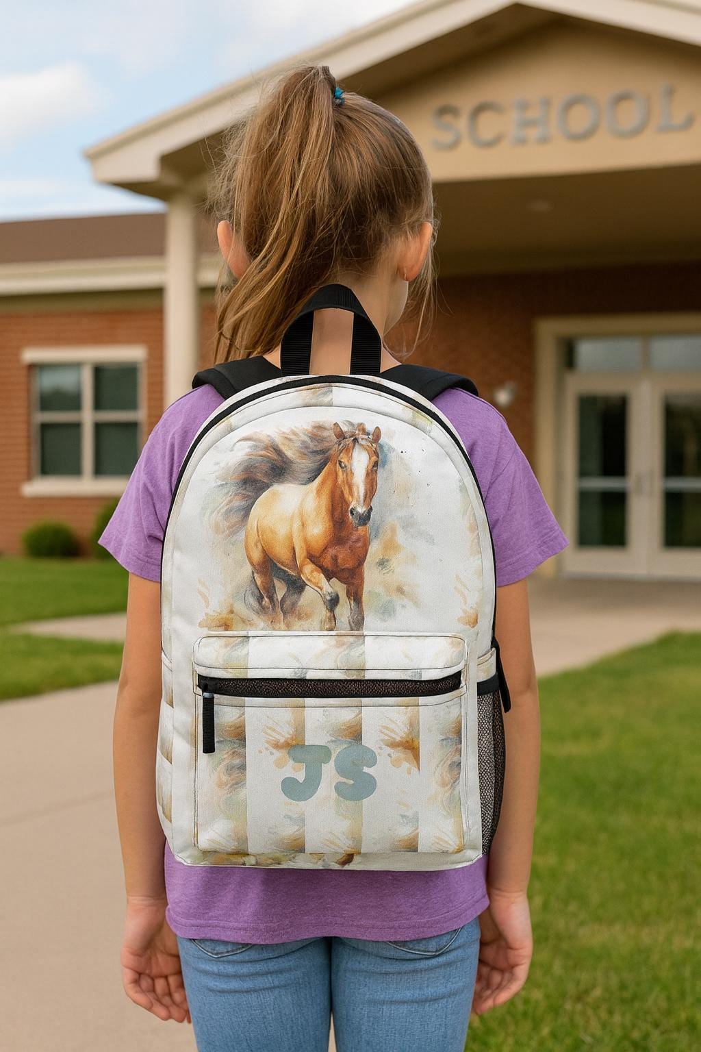 Custom Horse Backpack with Initials | Personalized Watercolor Book Bag for School, Travel & Adventure
 This personalized book bag features a stunning watercolor horse design and your custom initials for a bold, one-of-a-kind look. Whether it’s heading to school, a day at the fair, or a weekend hike, this bag is built to go the distance in style.

✓ Durable, lightweight polyester that holds its shape and dries fast
✓ Four roomy compartments, including a padded laptop sleeve