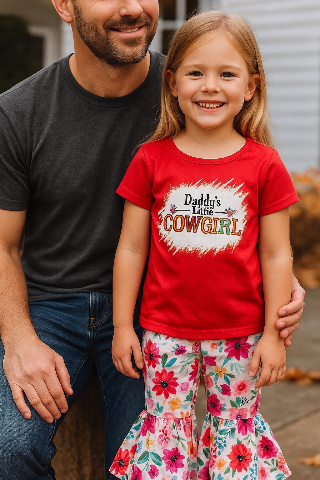 Girls Daddy's Little Cowgirl TShirt with Floral Bell Bottoms - Western Style Outfit -Razels