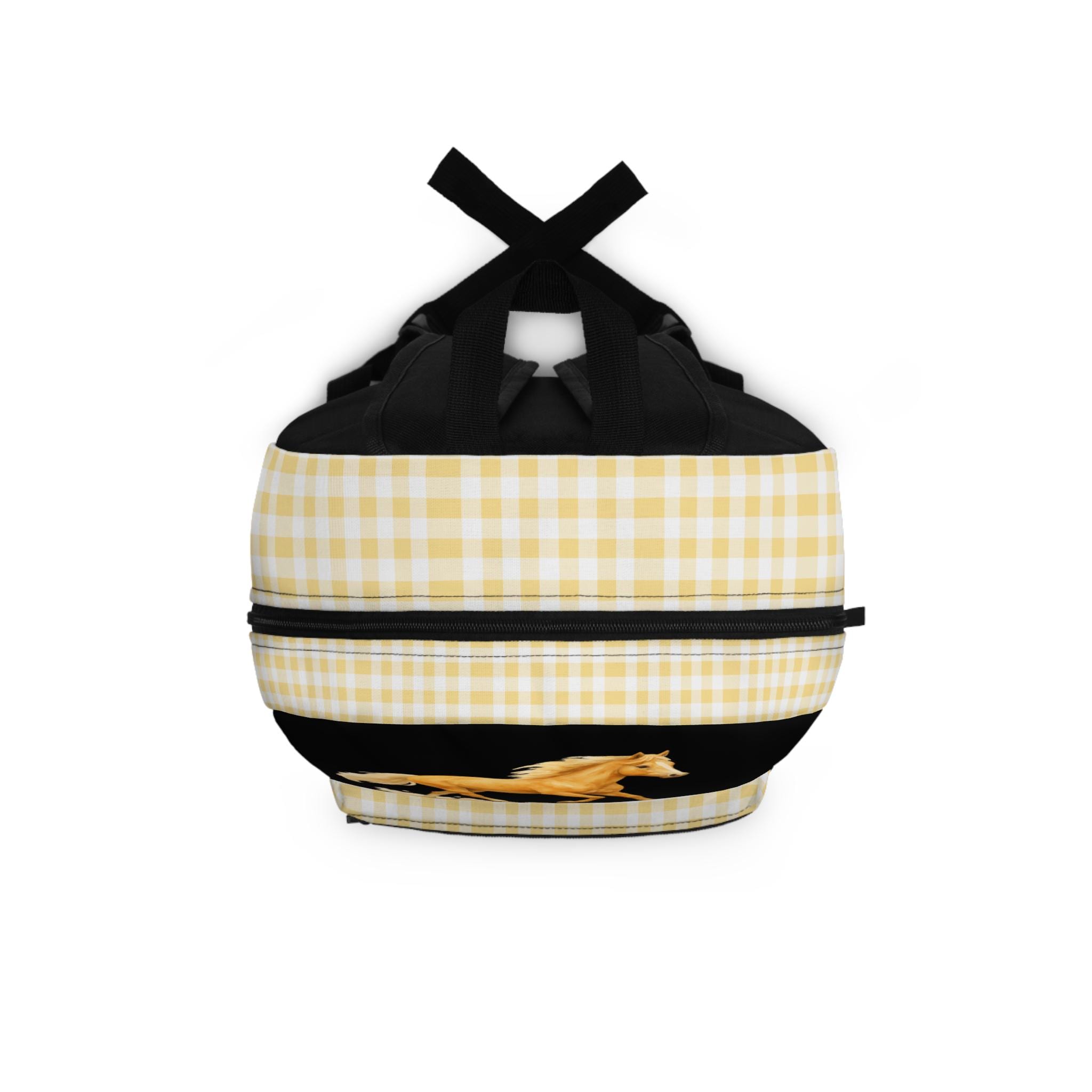 Palomina Horse Print Backpack, Yellow Plaid Custom Name Kids School Bag | Allover Watercolor Horse Backpack for Girls | Equestrian Gift